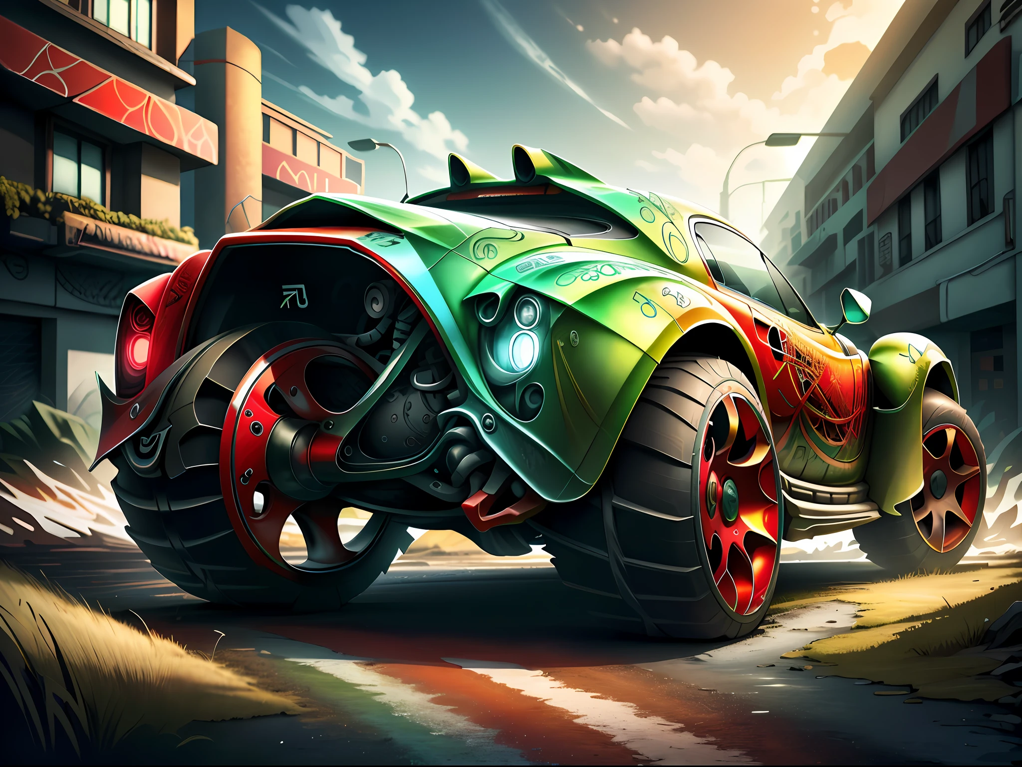 Um ultra-detalhado, ultra-realistic, HDR 3D Masterpiece carro esportivo vermelho em uma rua chuvosa em uma paisagem cyber punk