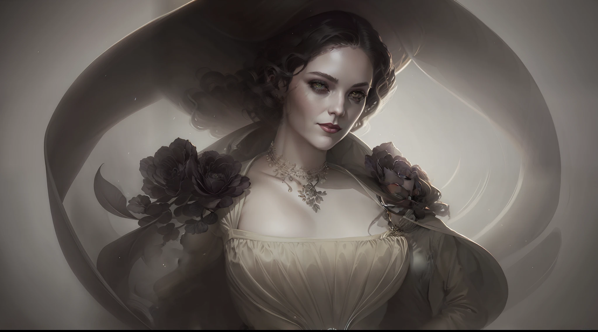 There is a woman in a white, black, middle-aged, slightly gray coat, Charlie Bowater character art, Tom Bagshaw Weta Studio, Artgerm and Tom Bagshaw, Charlie Bowater style, Tom Bagshaw artstyle, Tom Bagshaw style, Tom Bagshaw Artstyle, Charlie Bowater art style, Tom Bagshaw Donato Giancola