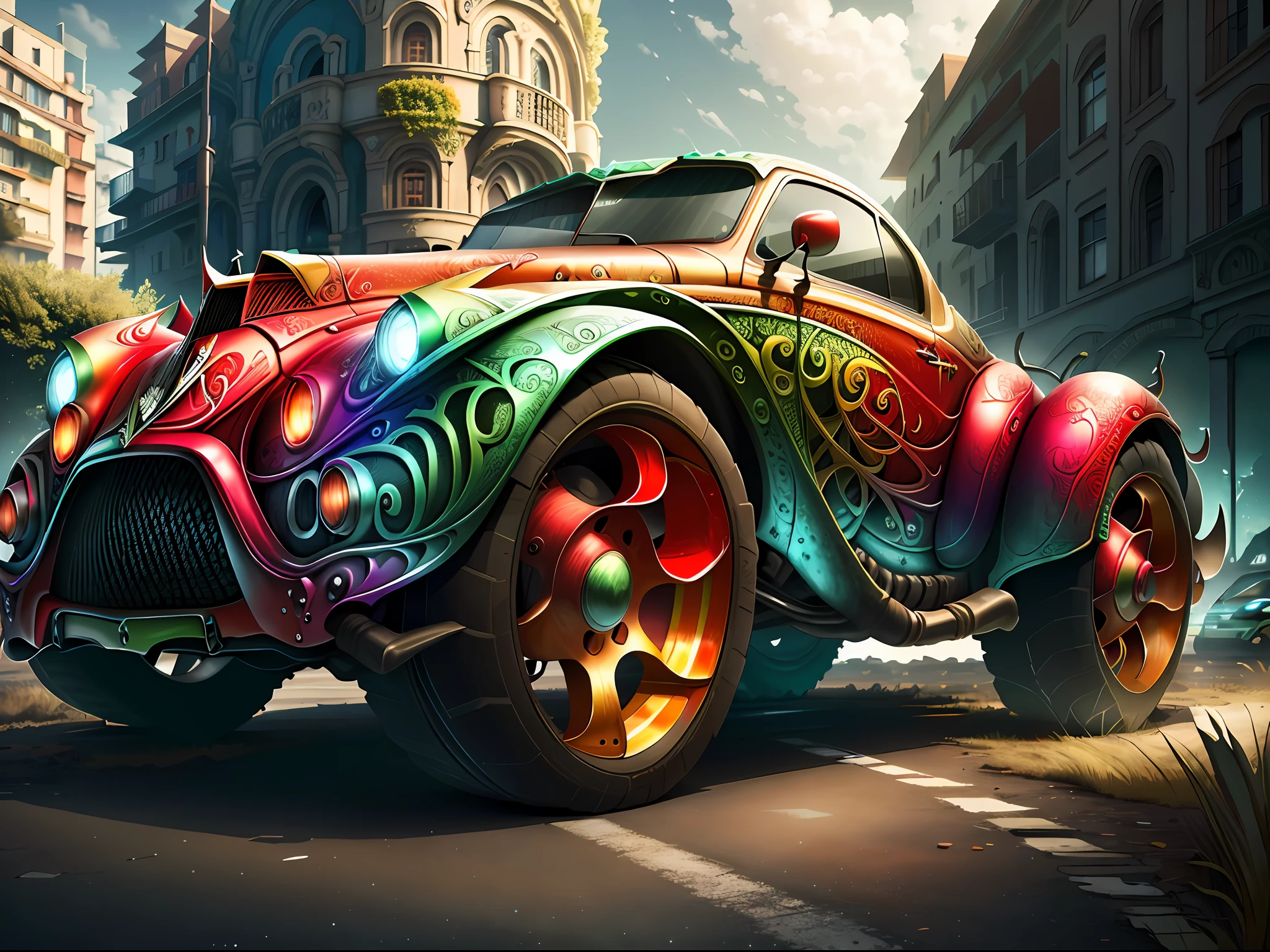 Um ultra-detalhado, ultra-realistic, HDR 3D Masterpiece carro esportivo vermelho em uma rua chuvosa em uma paisagem cyber punk