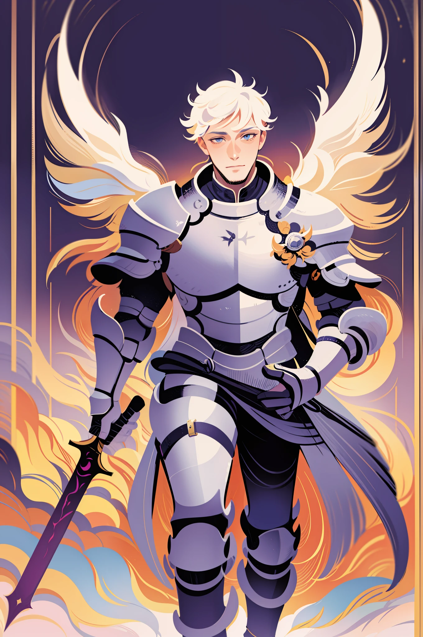 knight, young men, sword holding , schield holding, angel, silver hair, blue eyes, portrait, 1character, full body muscular male, boots, walking