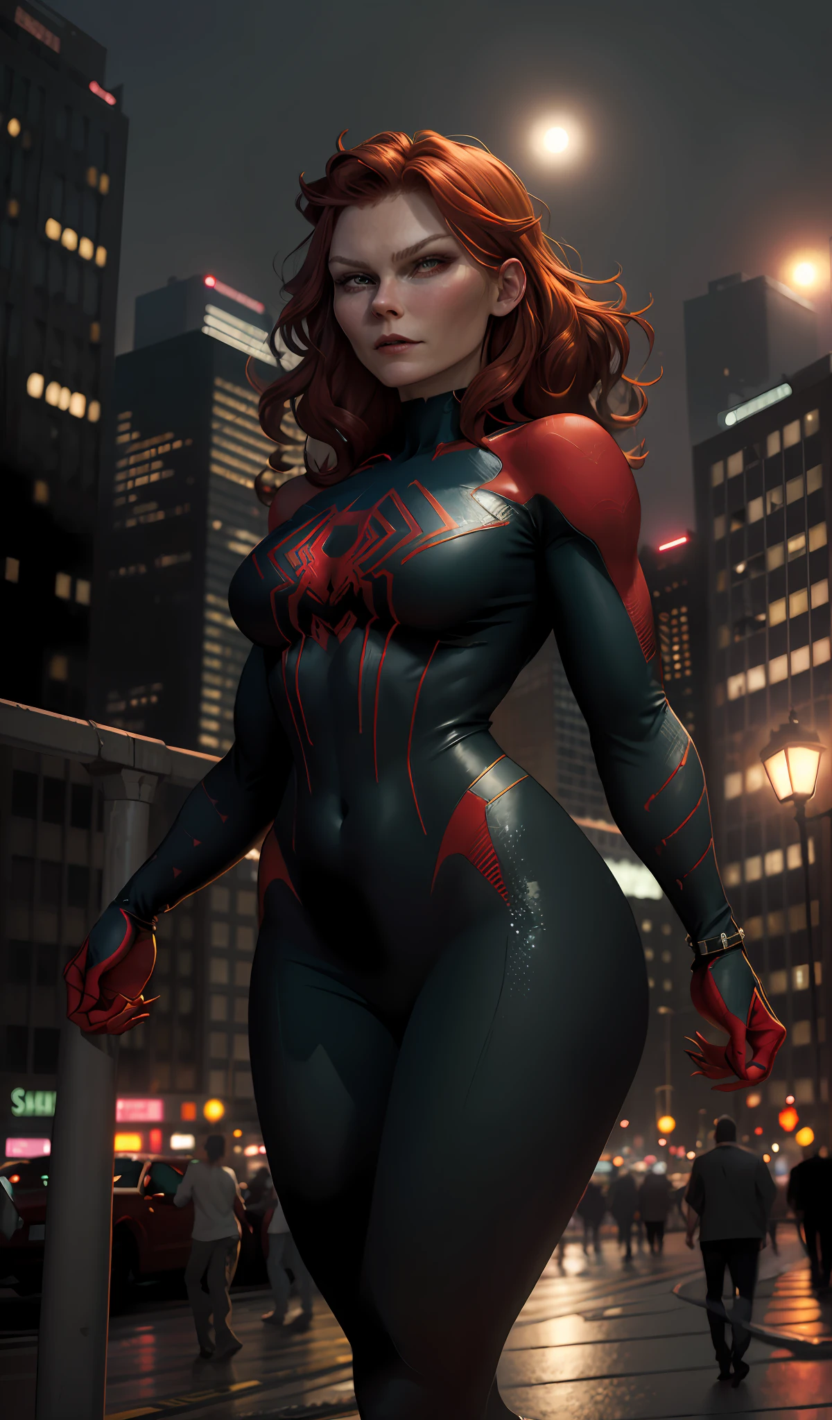 ((young Kirsten Dunst)), ((Mary Jane Watson)), (Masterpiece, 4k resolution, ultra-realistic, very detailed), (black superhero theme, charismatic, on top of town, wearing Spider-Man costume, she's a superhero), [ ((25 years), (long red hair:1.2), full body, (green eyes:1.2), ((Spider-Man pose), show of strength, jumping from one building to another), ((sandy urban environment):0.8), (cityscape, at night, dynamic lights), (full moon))] # Explanation: The Prompt mainly describes a 4K painting of ultra-high definition, very realistic, very detailed. It shows a superheroine at the top of the city, wearing a black Spider-Man costume. The theme in the painting is a black superhero theme, the female protagonist has long red hair, is 25 years old and her entire body is shown in the painting. In terms of portraying the actions of superheroines, spiders are employed