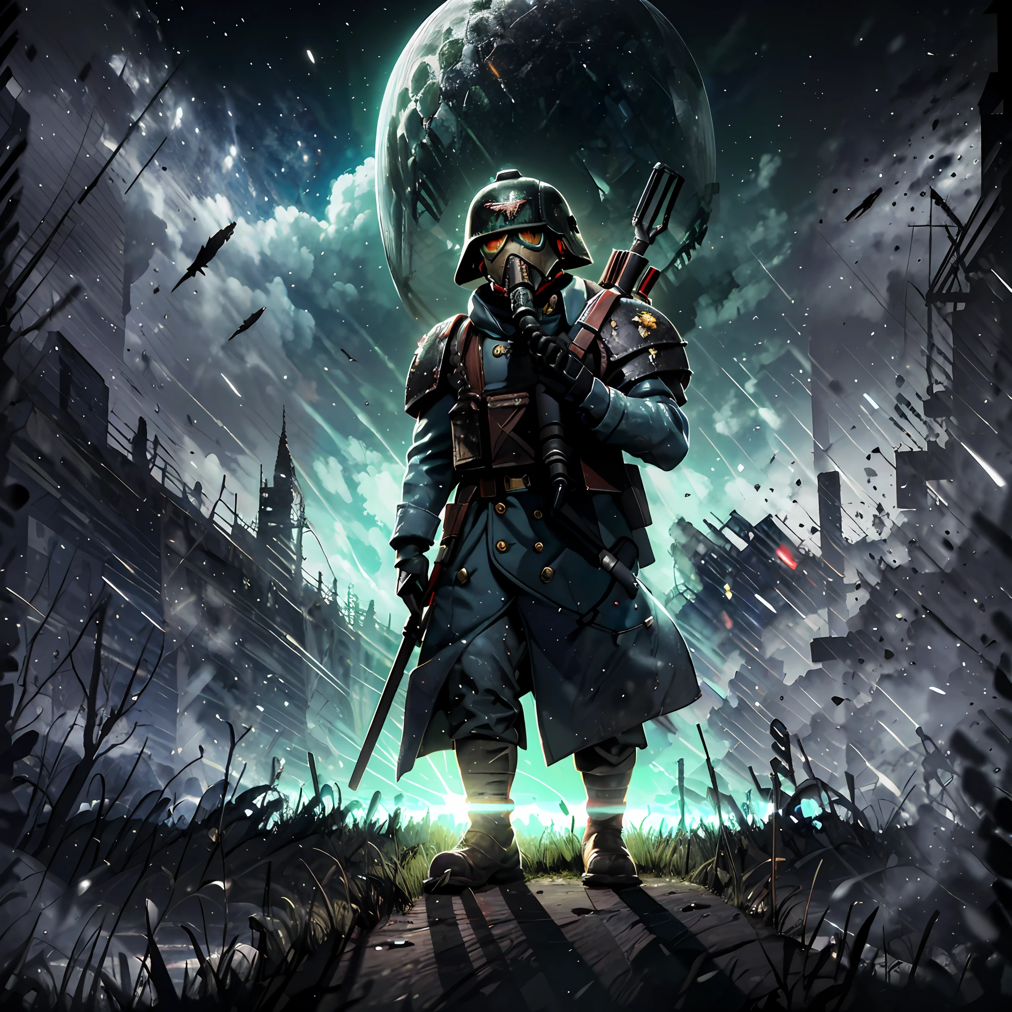 (absurdres, highres, ultra detailed),(Masterpiece, best quality:1.2),1man, leaning against a wall, holding an lmg, destroyed city,mortar craters,dust, battlefield,war,kriegsman, wearing a gas mask, wearing army helmet, surrounded by dead soldiers,dark fantasy,dark atmosphere,(dark),((grim atmosphere)), Warhammer 40k