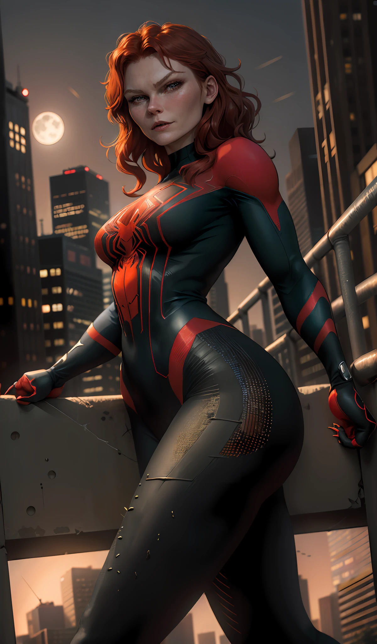 ((young Kirsten Dunst)), ((Mary Jane Watson)), (Masterpiece, 4k resolution, ultra-realistic, very detailed), (black superhero theme, charismatic, on top of town, wearing Spider-Man costume, she's a superhero), [ ((25 years), (long red hair:1.2), full body, (green eyes:1.2), ((Spider-Man pose), show of strength, jumping from one building to another), ((sandy urban environment):0.8), (cityscape, at night, dynamic lights), (full moon))] # Explanation: The Prompt mainly describes a 4K painting of ultra-high definition, very realistic, very detailed. It shows a superheroine at the top of the city, wearing a black Spider-Man costume. The theme in the painting is a black superhero theme, the female protagonist has long red hair, is 25 years old and her entire body is shown in the painting. In terms of portraying the actions of superheroines, spiders are employed