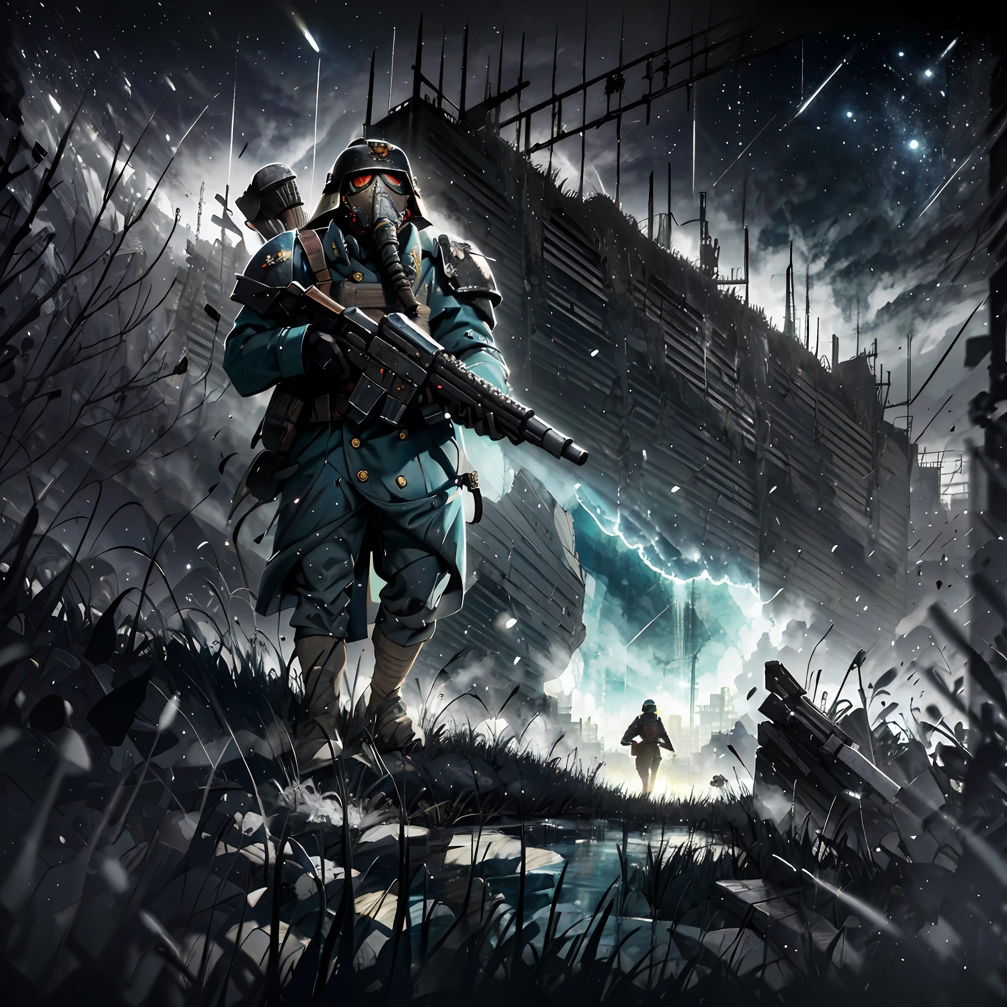 (absurdres, highres, ultra detailed),(Masterpiece, best quality:1.2),1man, leaning against a wall, holding an lmg, destroyed city,mortar craters,dust, battlefield,war,kriegsman, wearing a gas mask, wearing army helmet, surrounded by dead soldiers,dark fantasy,dark atmosphere,(dark),((grim atmosphere)), Warhammer 40k