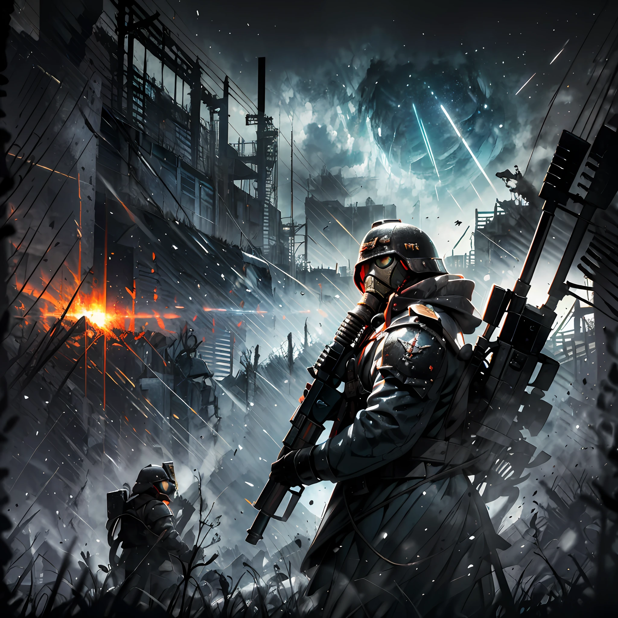 (absurdres, highres, ultra detailed),(Masterpiece, best quality:1.2),1man, leaning against a wall, holding an lmg, destroyed city,mortar craters,dust, battlefield,war,kriegsman, wearing a gas mask, wearing army helmet, surrounded by dead soldiers,dark fantasy,dark atmosphere,(dark),((grim atmosphere)), Warhammer 40k