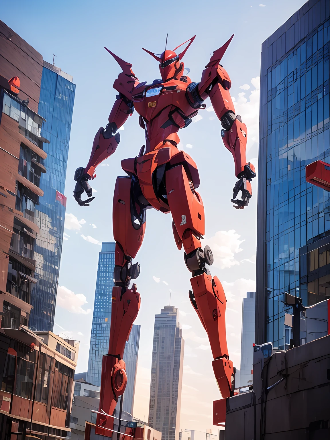 Chinese red humanoid mech tall building in background