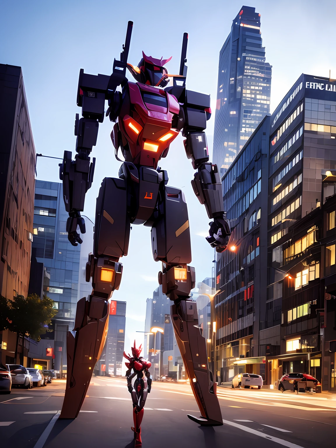 Chinese red humanoid mech tall building in background