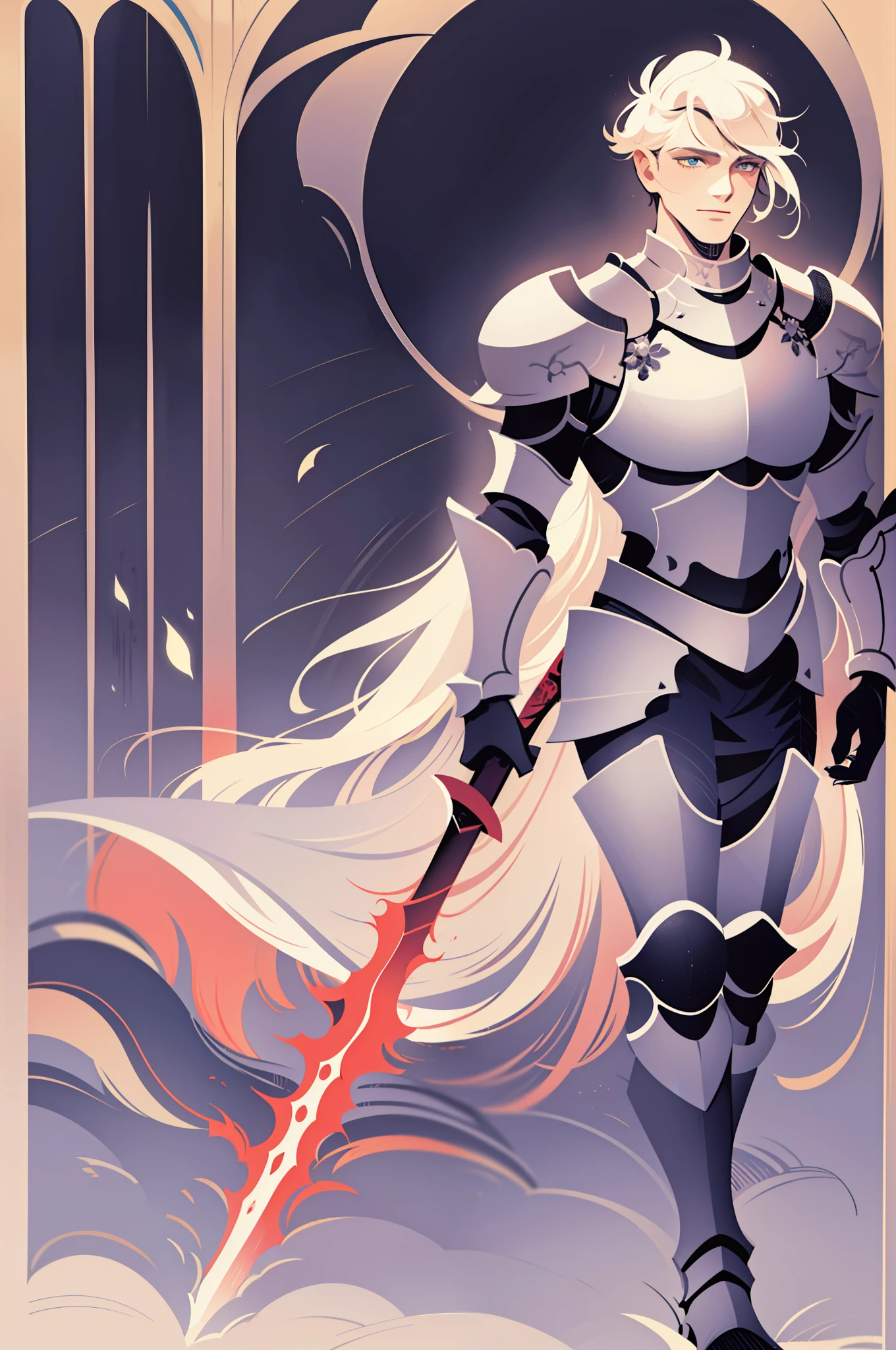 knight, young men, sword holding , schield holding, angel, silver hair, blue eyes, portrait, 1character, full body muscular male, boots, walking