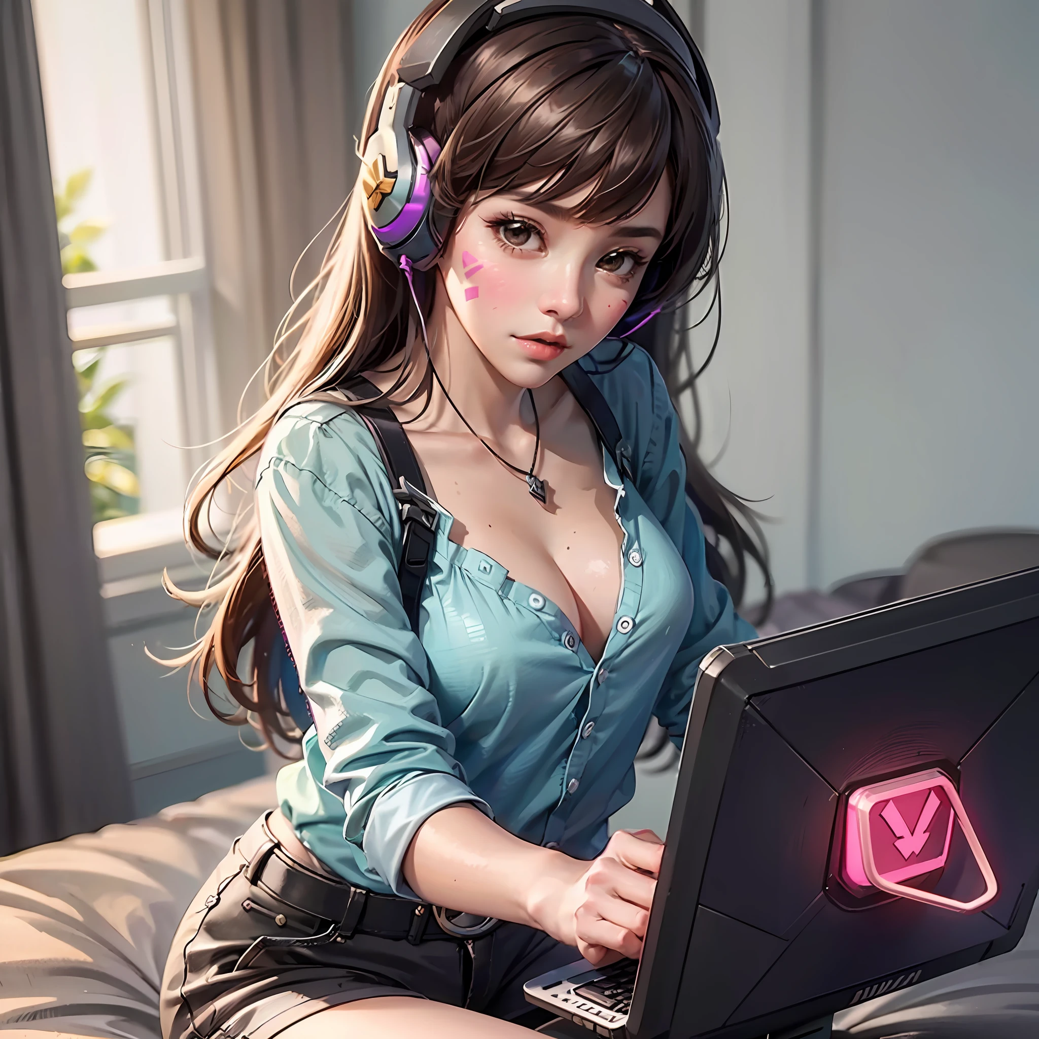 (masterpiece, high quality) Cute D.Va (from Overwatch), brown hair, (wearing short pants), brown eyes and cute lips, kawaii and beautiful face, pink_facial_mark, nice hands, perfect hands , (wearing Shirt Blouse Loose Fit Casual V-Neck Tops), playing games on computer, in room, darkness, night, solo, 1girl, headphones