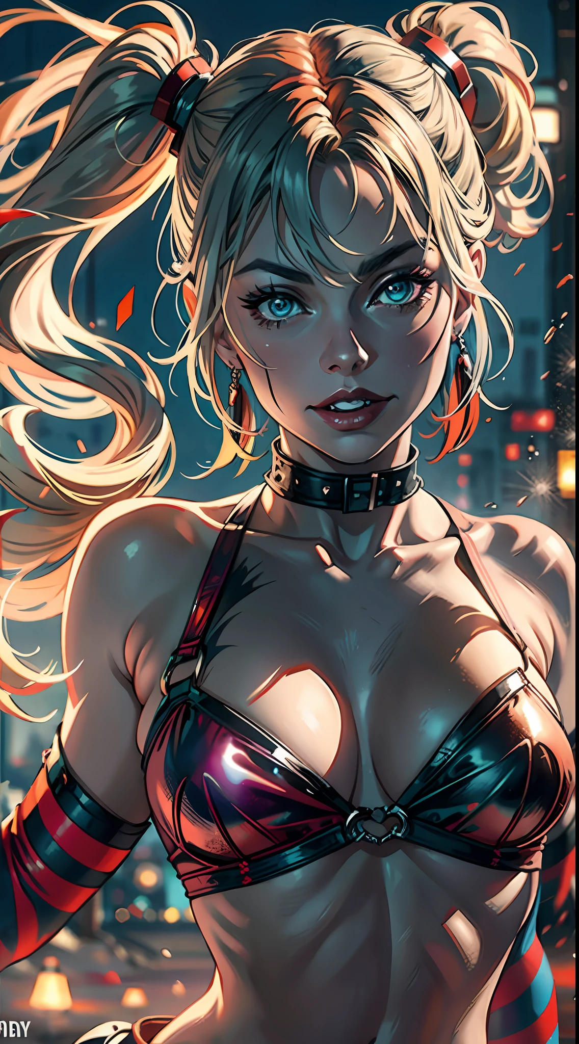 margot robbie as a gorgeous Harley Quinn standing on sand wind in the hair
