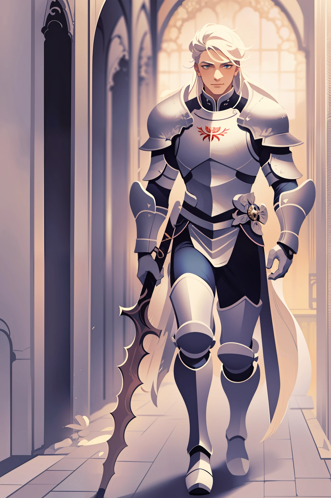 knight, young men, sword holding , schield holding, angel, silver hair, blue eyes, portrait, 1character, full body muscular male, boots, walking