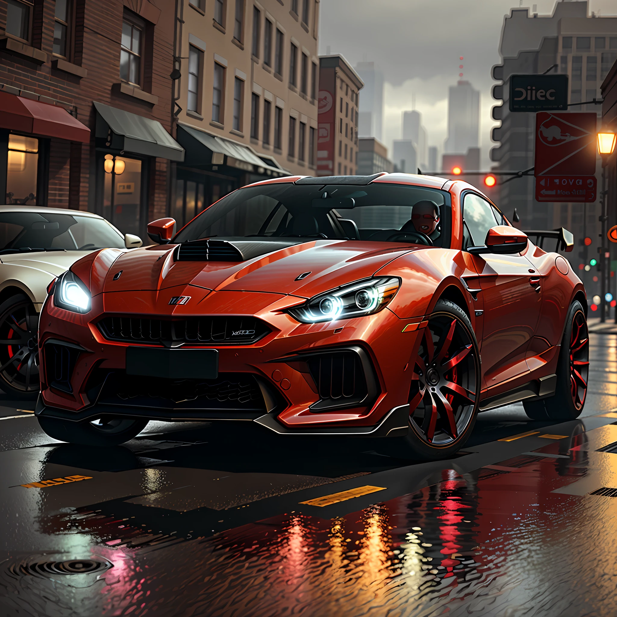 an ultra-detailed, ultra-realistic, hdr 3d masterpiece red sports car on a rainy street in a cyber punk landscape