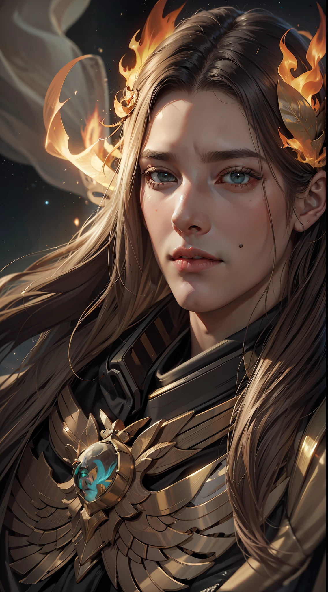 (Very detailed 8K wallpapers), medium plan,((ember:1.5)), ((((Young man:1.5)))),The Night Sky Behind, Golden halo of stars. Smooth features, White long hair fluttering in the wind, sad big eyes of deep green color. Freckled stars dot the face. Detail art, cartoony, Fantasy, The embodiment of happiness, The God of Happiness, Sunlight,an intricate, higly detailed, dramatic