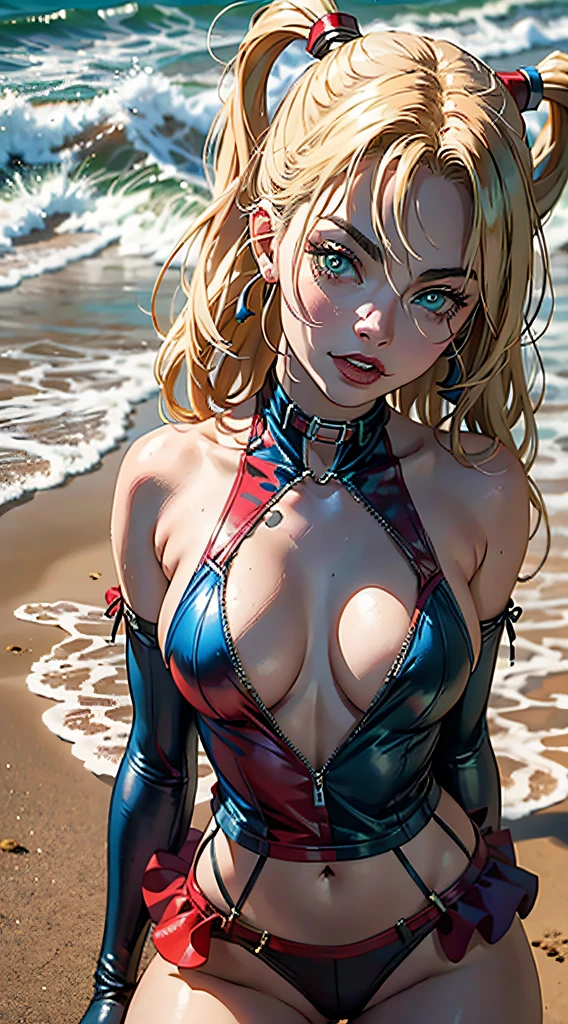 margot robbie as a gorgeous Harley Quinn standing on sand wind in the hair