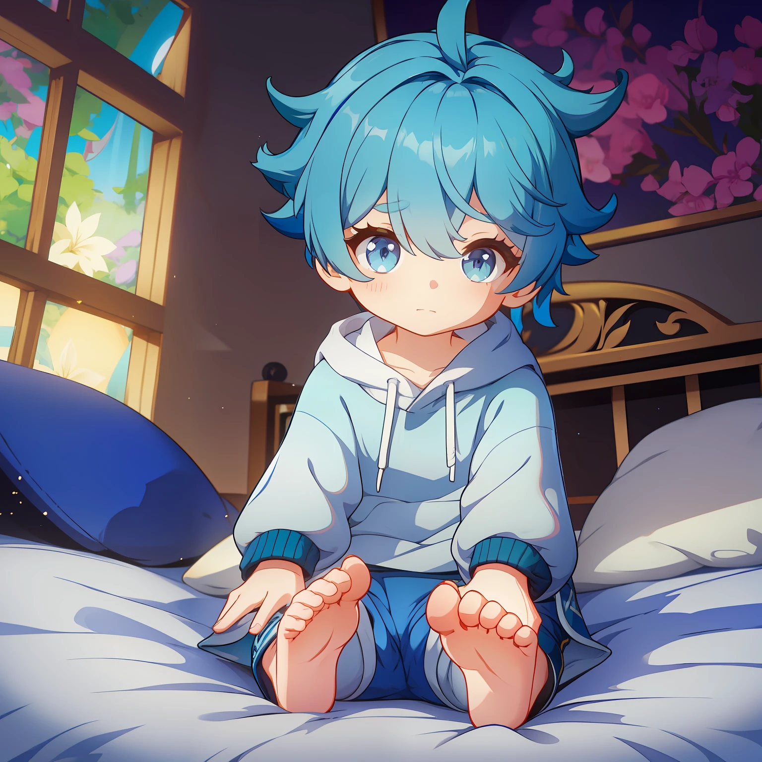 4K), Cute 7  with small feet and short legs with light blue hair and barefoot and tight tight white sweatpants, Lies down on the bed and shows his feet, Regentag, Nebel Licht, Impressionismus, 2D, Feet in focus,