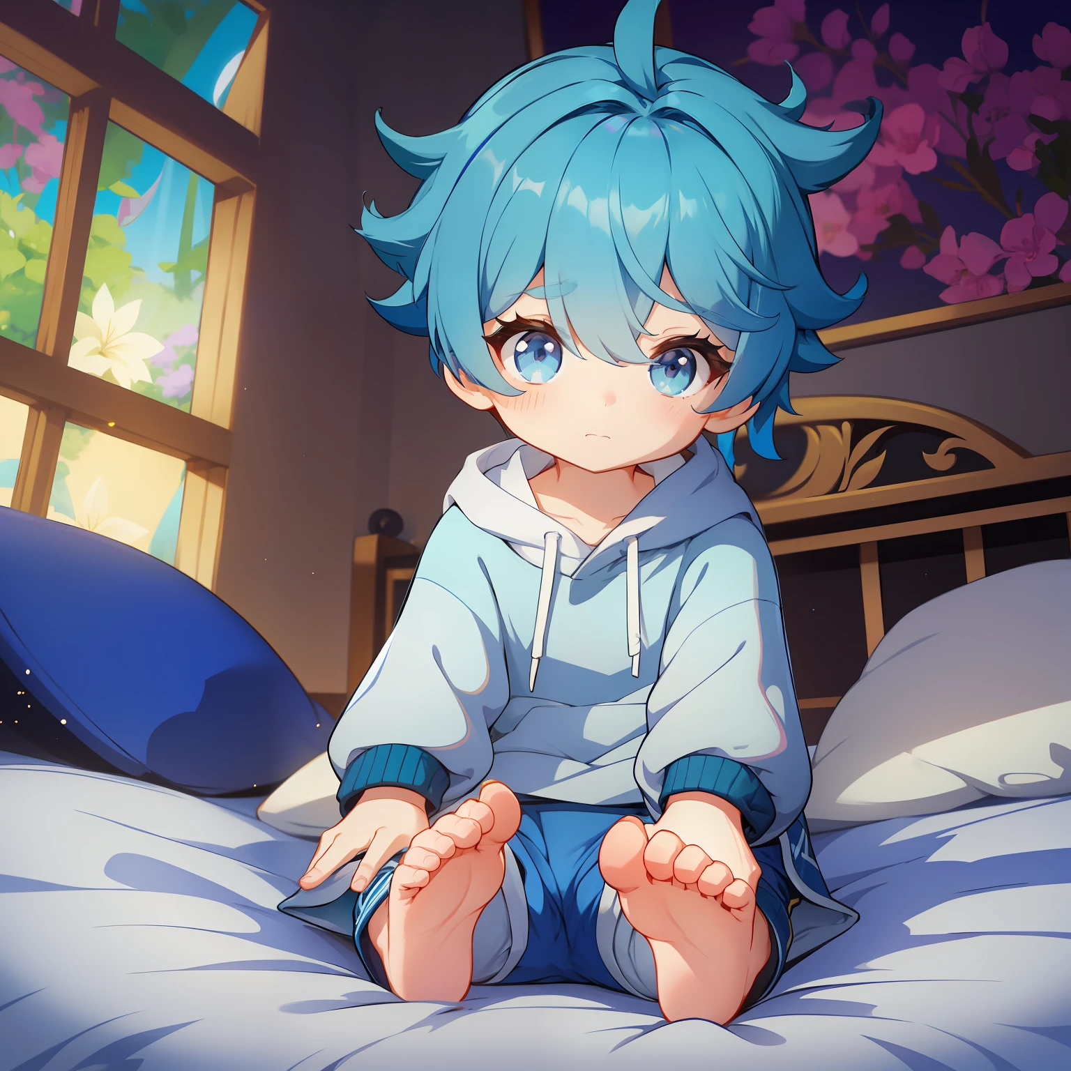 4K), Cute 7 with small feet and short legs with light blue hair and barefoot and tight tight white sweatpants, Lies down on the bed and shows his feet, Regentag, Nebel Licht, Impressionismus, 2D, Feet in focus,