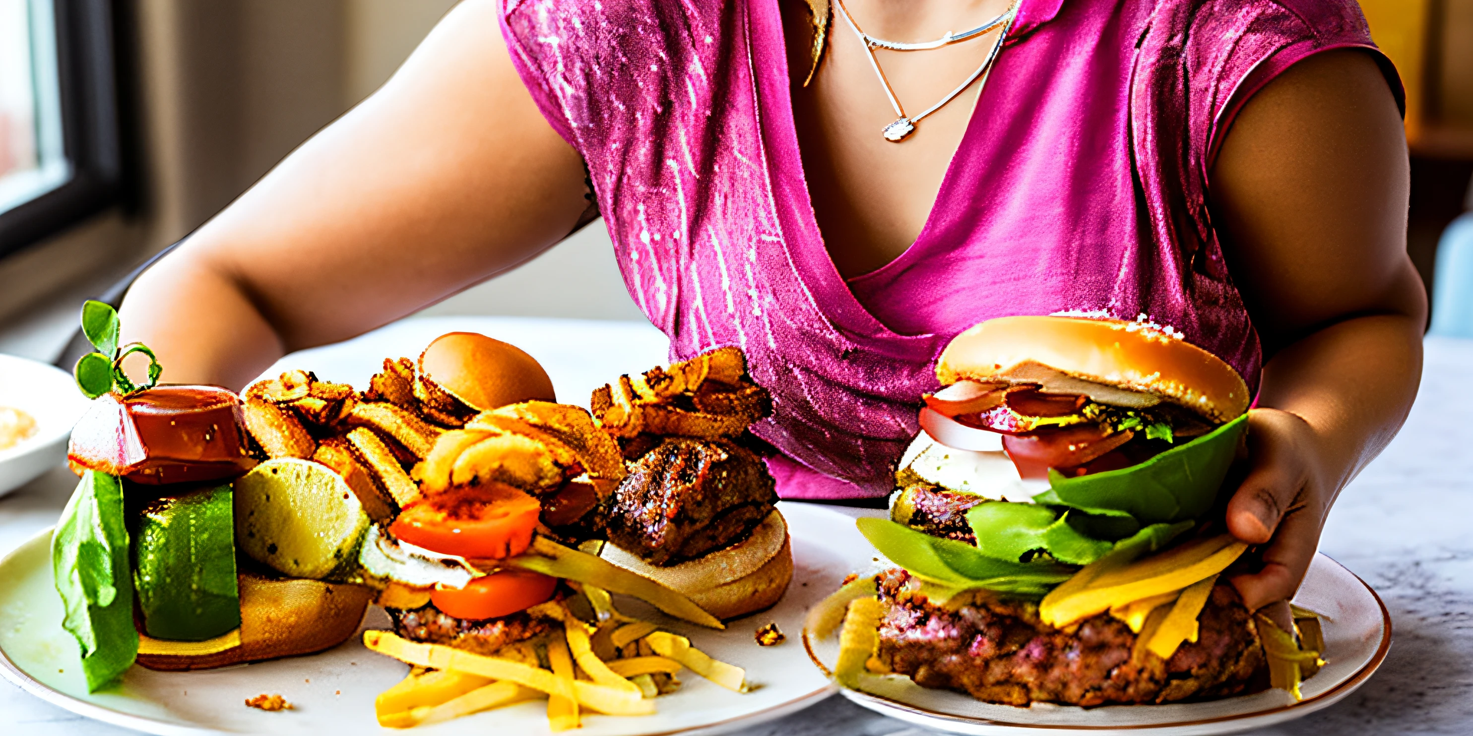 mulher sentada em uma mesa com um prato de comida e um refrigerante, comer carne, high levels of fat, eating burgers, Comer, Mukbang, sobrepeso, people are eating, eating a burger, gula, , obeso ), fast food, Eating a hamburger, obeso, people inside eating meals, comida nojenta, --auto
