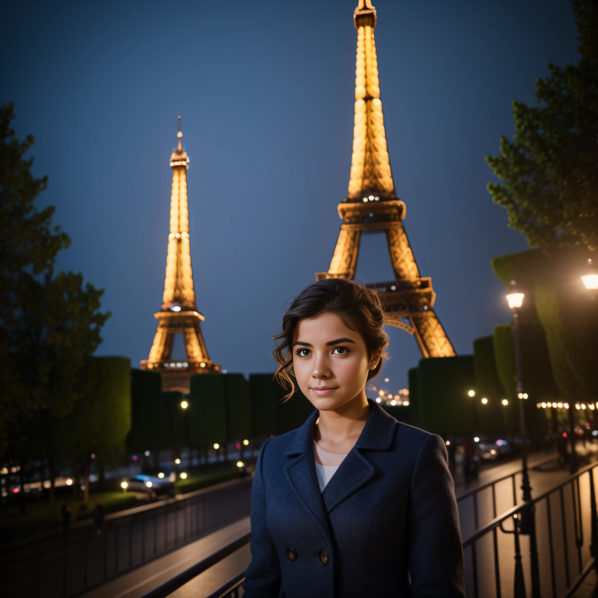 REALISTIC VISION 1.4 BETTER VAE, on the face of a young girl, 25 years old, with short ruffled hair, eifel tower, paris 8K, sharp focus, good exposure, night, ISO 1000, 1/250s, natural light, Adobe Lightroom, photo lab, Affinity Photo, PhotoDirector 365