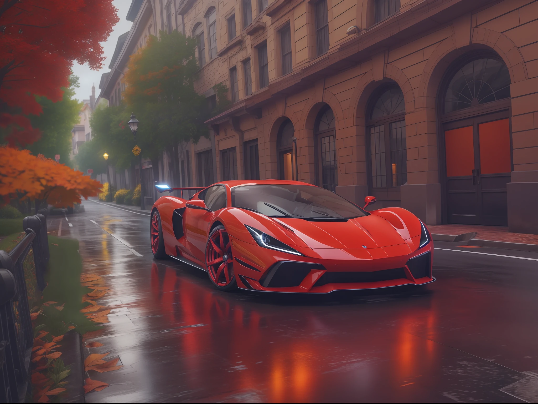 an ultra-detailed, ultra-realistic, hdr 3d masterpiece red sports car on a rainy street