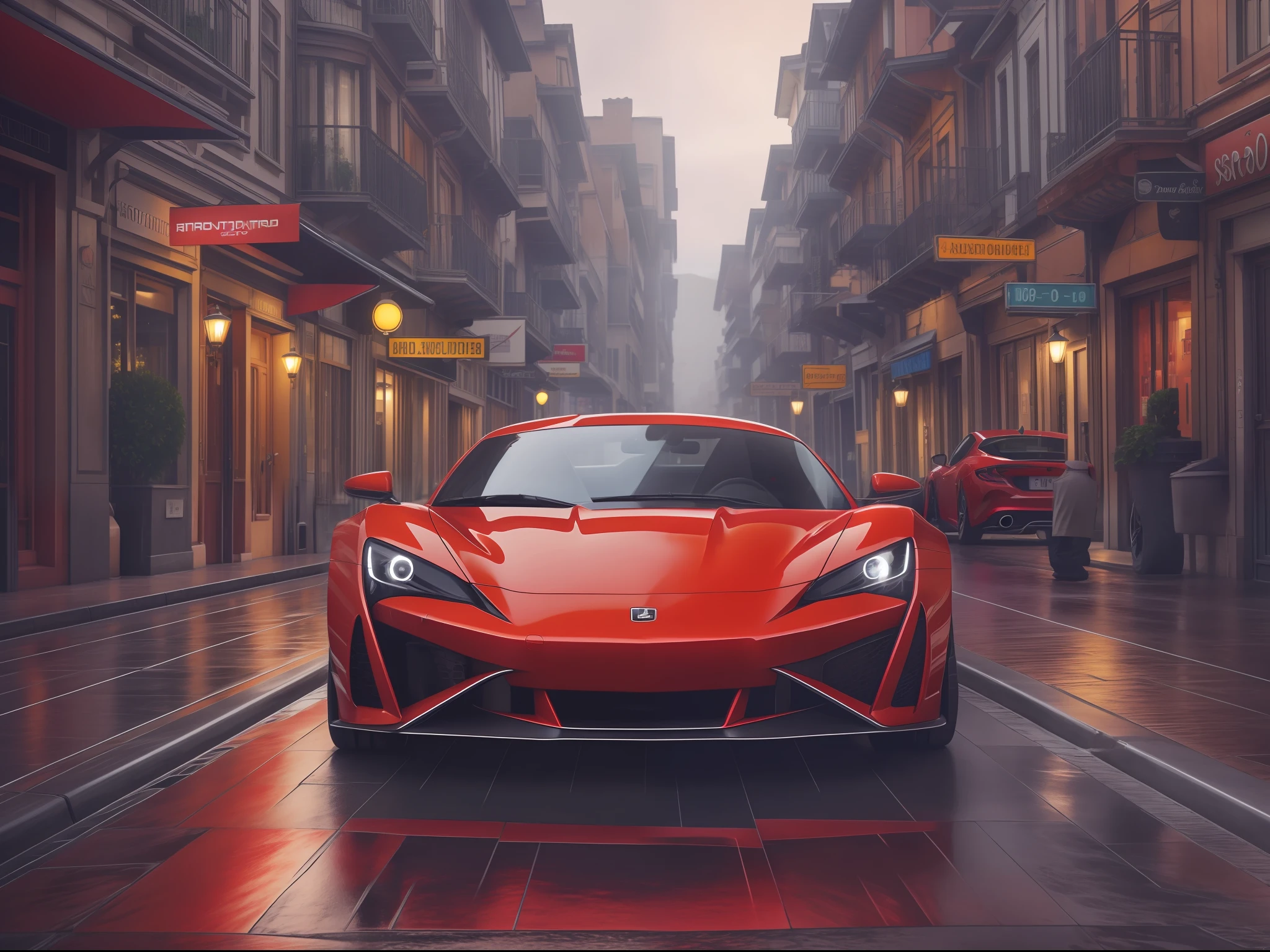 an ultra-detailed, ultra-realistic, hdr 3d masterpiece red sports car on a rainy street