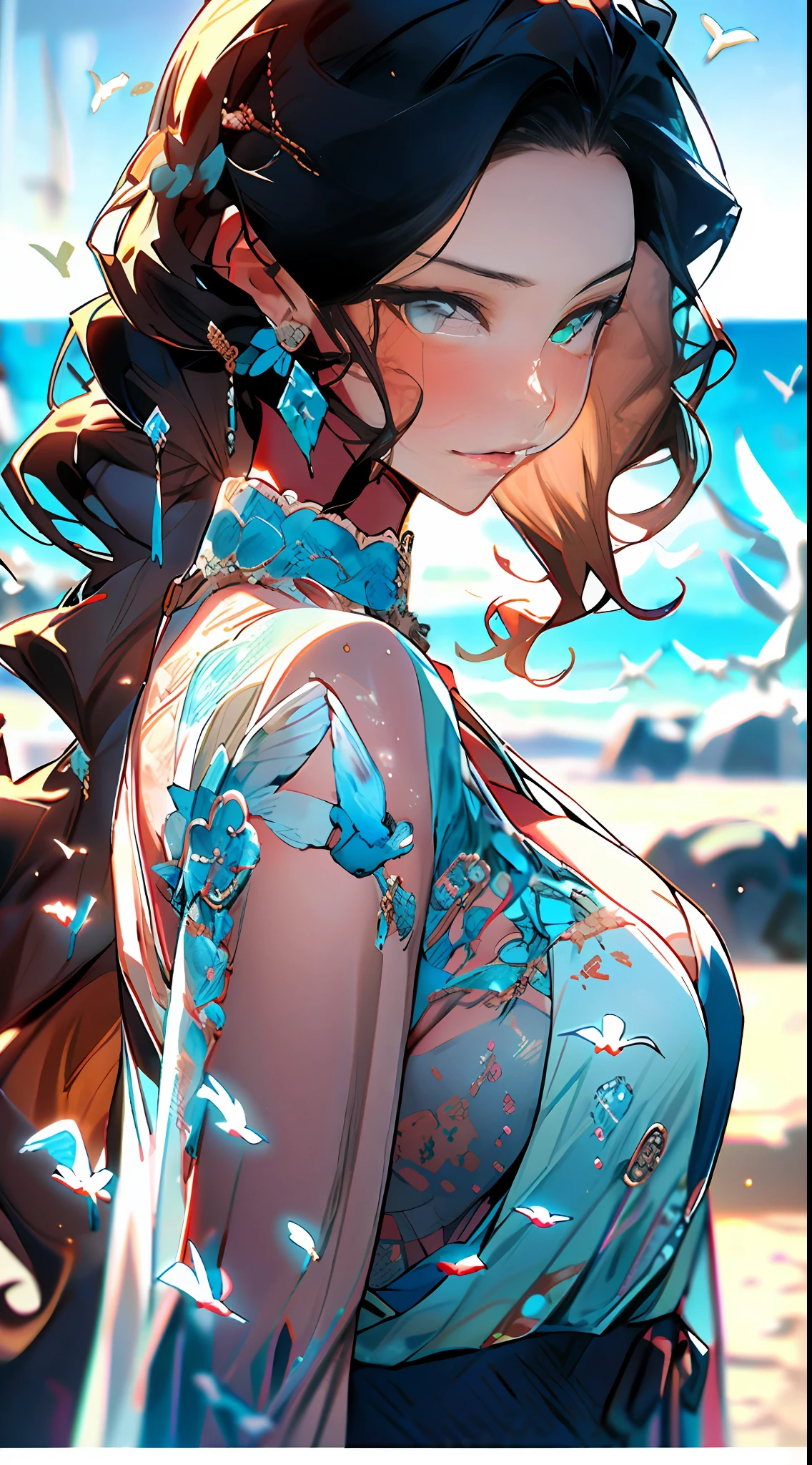 （Close-up Shot Shot），（Close-up of the head），（Separate head），head portrait，（Comic storyboard shot），There is only one person in the picture，（（Halo）），Lori huge breasts cleavage，（（Long sky blue curly hair）），Fluffy and soft sky blue long curly hair，Cluttered dull hair，light pink eyes，Long lower lashes，（Blue lace mesh swimsuit），Mesh coat，White birds，Celluloid style，（beach sand background），Contre-Jour，Water stains on the body，Face composition，（（A masterpiece）），8K，（Top image quality），（（delicate picture）），high light，tmasterpiece，（Watercolor rendering），（（Great CG）），（（（Highest image quality））），（High- sharpness），（Clear face），（Carefully portray the eyes），Carefully portray the face，（bust），full upper body