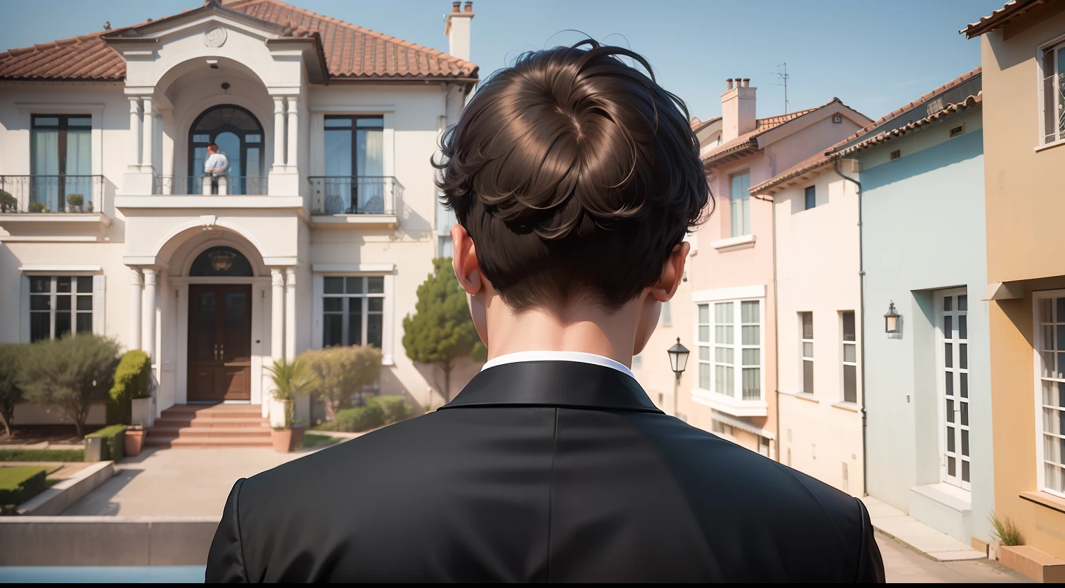 A 20-year-old man watching from afar a modern house standing on the street, casa super luxuosa, casa muito grande, mansion, View of man's back