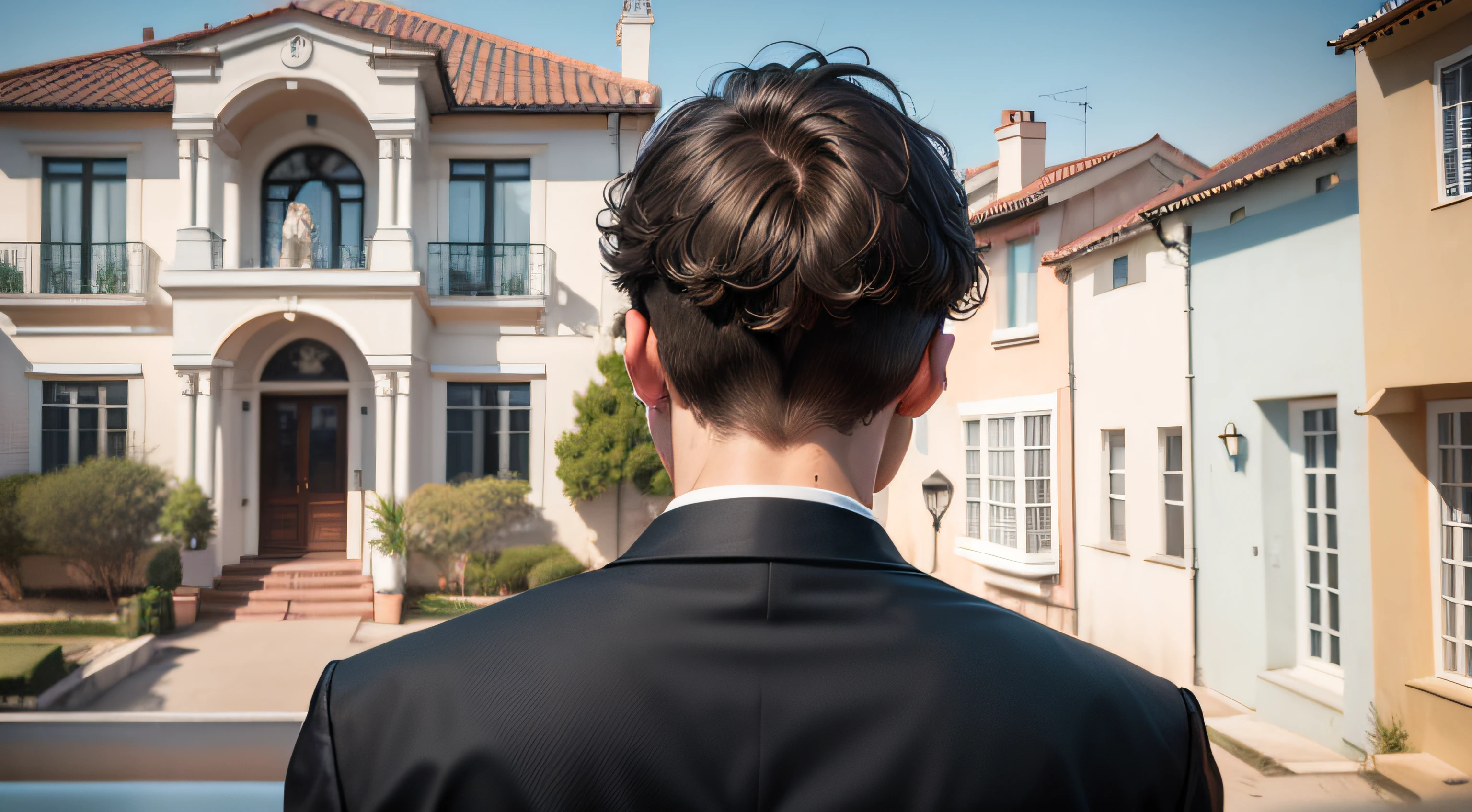 A 20-year-old man watching from afar a modern house standing on the street, casa super luxuosa, casa muito grande, mansion, View of man's back