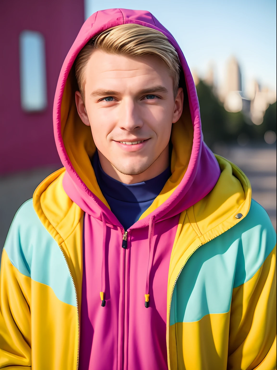 Handsome young man in full-length hoodie, looks at the viewer, Holi Color Festival, European type of appearance, European face, Green eyes and blonde hair, Smiling, Against the backdrop of a sunny city, A lot of details, rays of sunshine, гипердетальный POV, by Lee Jeffries, Nikon D850, Camera roll, 4 Kodak Portra 400, F1 camera lens.6, saturated colors, A hyper-realistic, lifelike texture, spectacular lighting, Cinestill 800,