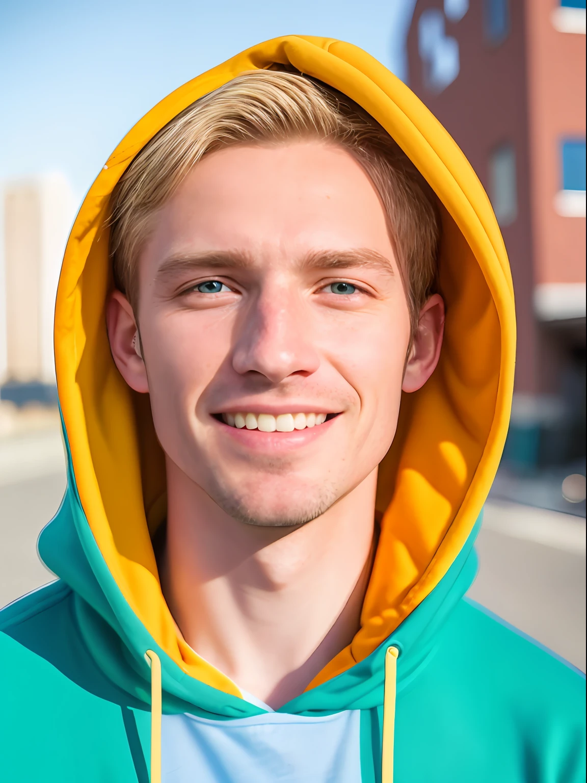 Handsome young man in full-length hoodie, looks at the viewer, Holi Color Festival, European type of appearance, European face, Green eyes and blonde hair, Smiling, Against the backdrop of a sunny city, A lot of details, rays of sunshine, гипердетальный POV, by Lee Jeffries, Nikon D850, Camera roll, 4 Kodak Portra 400, F1 camera lens.6, saturated colors, A hyper-realistic, lifelike texture, spectacular lighting, Cinestill 800,