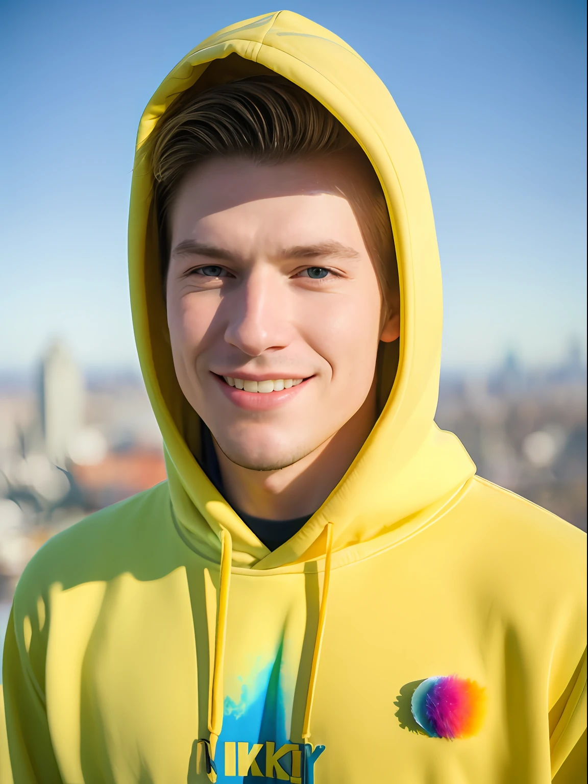 Handsome young man in full-length hoodie, looks at the viewer, Holi Color Festival, European type of appearance, European face, Green eyes and blonde hair, Smiling, Against the backdrop of a sunny city, A lot of details, rays of sunshine, гипердетальный POV, by Lee Jeffries, Nikon D850, Camera roll, 4 Kodak Portra 400, F1 camera lens.6, saturated colors, A hyper-realistic, lifelike texture, spectacular lighting, Cinestill 800,