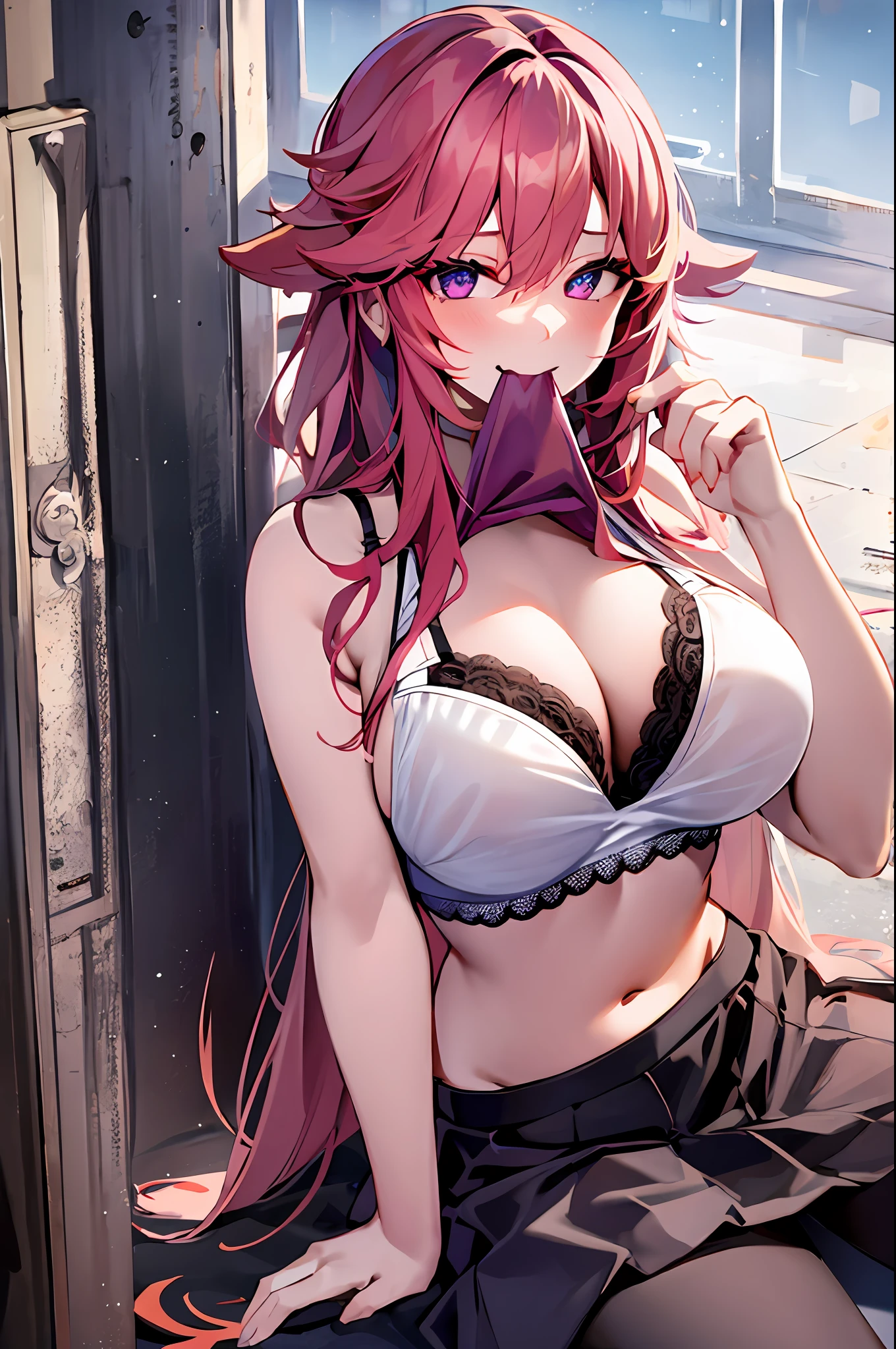 1girl, large breasts,clothes in mouth, cleavage, navel, t-shirt, ((bra)),clothes lift, shirt in mouth, skirt, lying, full Body,sexy body,sitting
