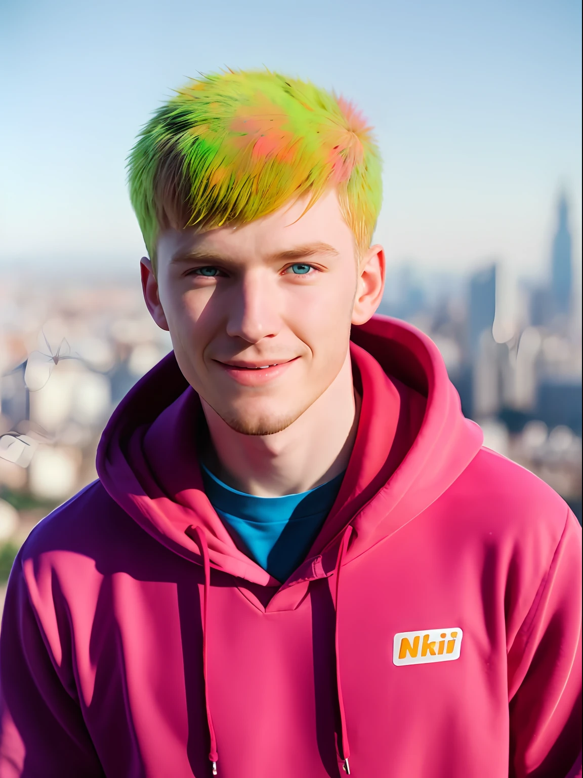 Handsome young man in full-length hoodie, looks at the viewer, Holi Color Festival, European type of appearance, European face, Green eyes and blonde hair, Smiling, Against the backdrop of a sunny city, A lot of details, rays of sunshine, гипердетальный POV, by Lee Jeffries, Nikon D850, Camera roll, 4 Kodak Portra 400, F1 camera lens.6, saturated colors, A hyper-realistic, lifelike texture, spectacular lighting, Cinestill 800,