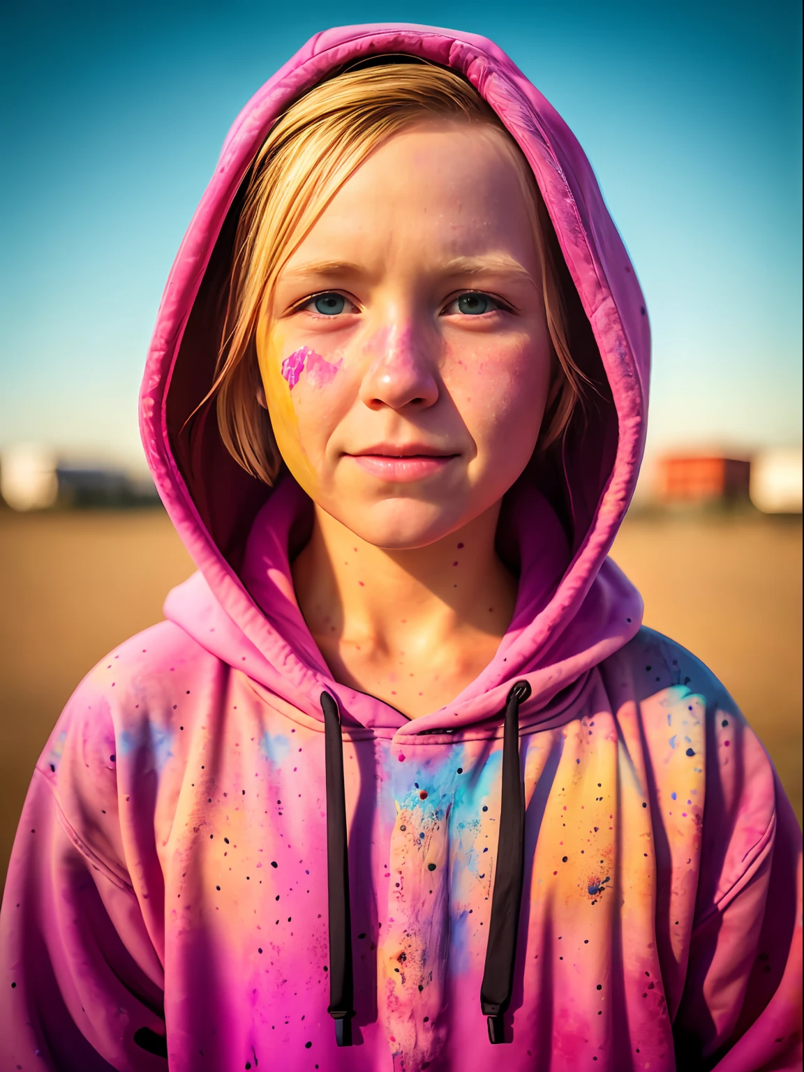 Handsome young man in a full-length hoodie, looks at the viewer,  stands sideways, Holi Color Festival, European type of appearance, European face, Green eyes and blonde hair,  Smiling, Against the backdrop of a sunny city, a lot of details, rays of sunshine, гипердетальный POV, by Lee Jeffries, Nikon D850, Camera roll, 4 Kodak Portra 400, F1 camera lens.6, saturated colors, A hyper-realistic, lifelike texture, spectacular lighting, Cinestill 800,
