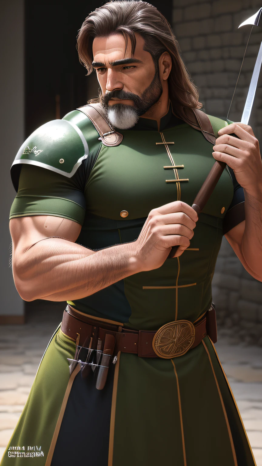homem 45 anos, musculoso, cabelo e barba grisalhos, olhos verdes, roupa de guerreiro, segurando uma espada, ((Melhor qualidade, 16k, Obra-Prima))