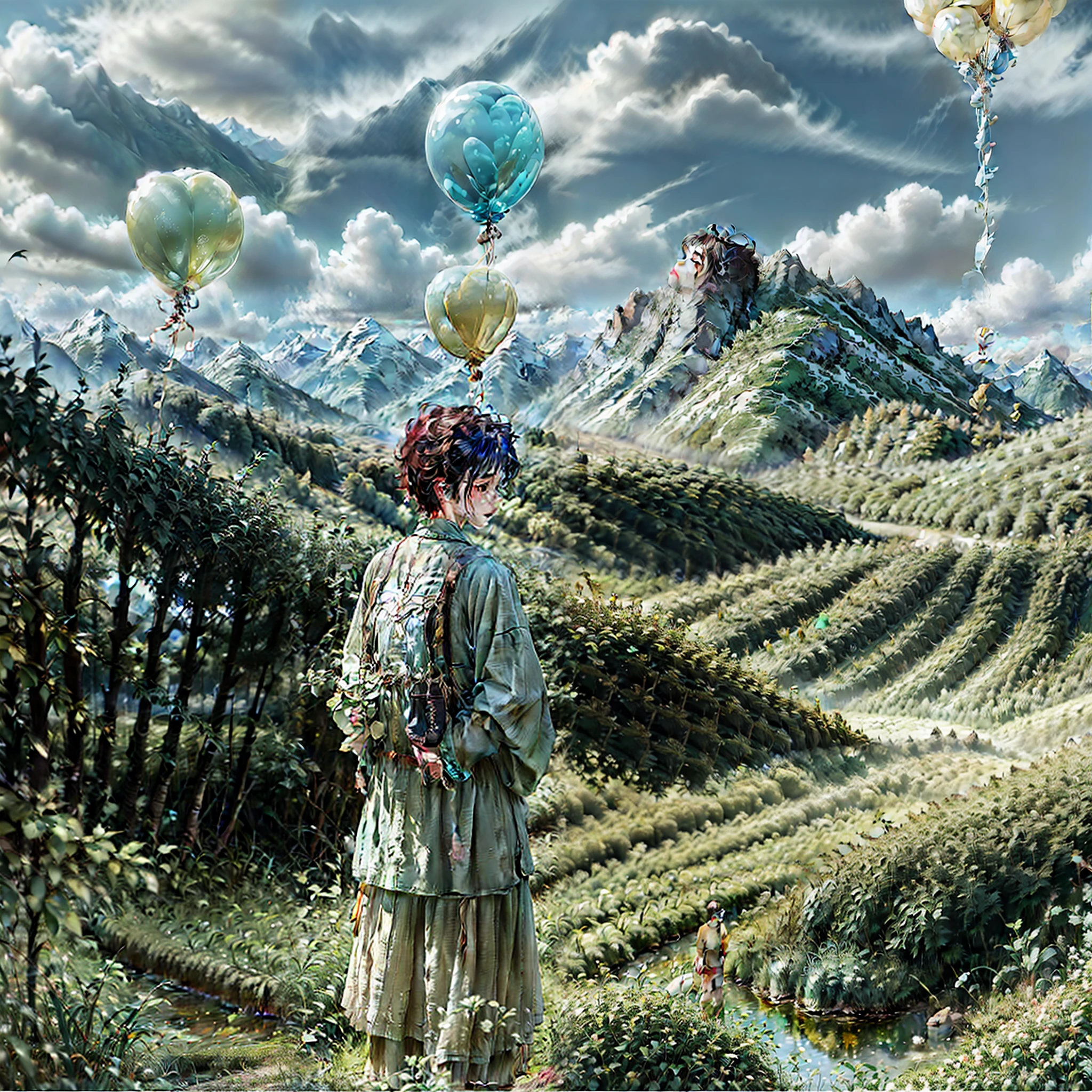 expansive, dreamy landscape, mood, mountains, boy dreaming in the sky, balloons, pop-art