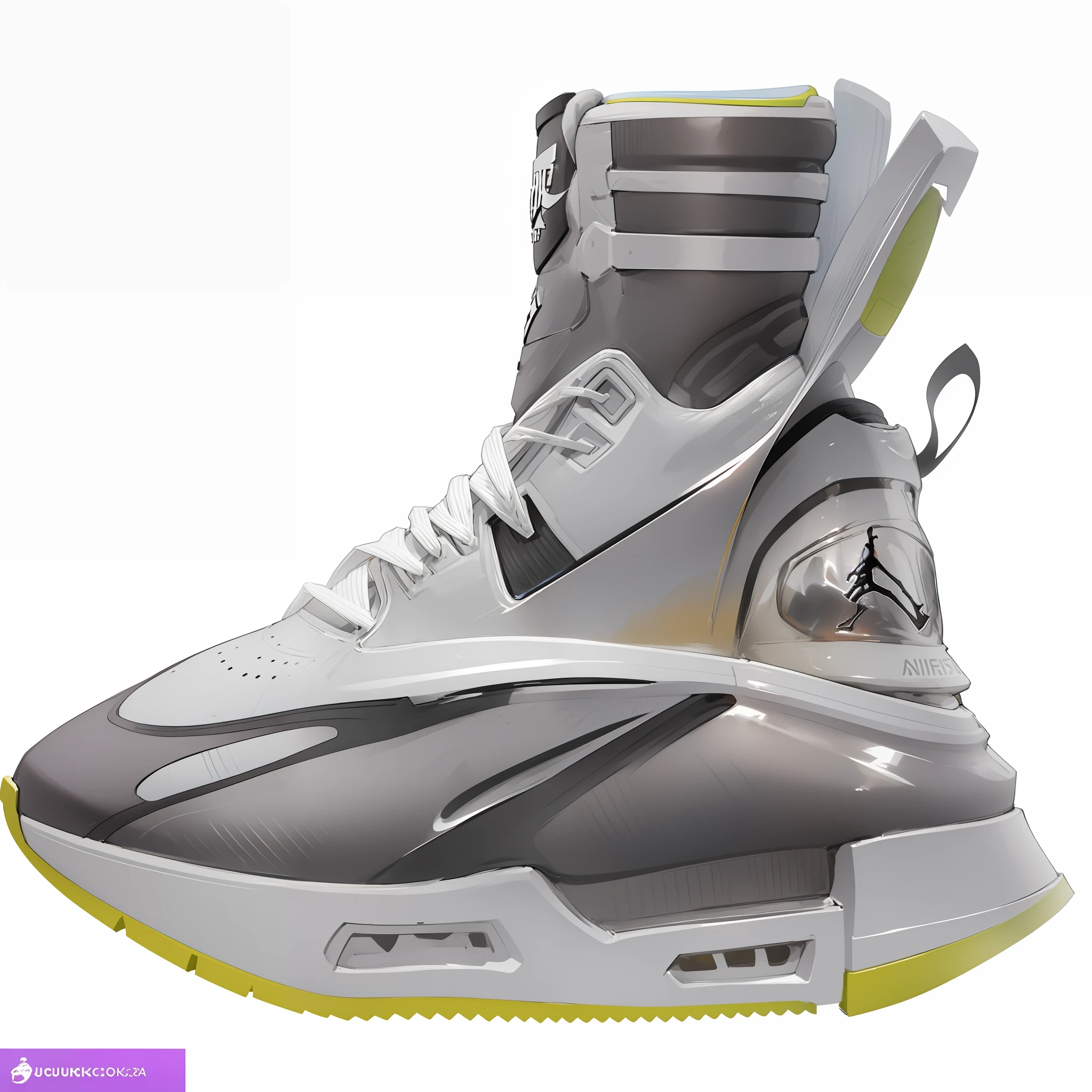 Nike Air Jordan XX High - топовые кроссовки - футуристическая обувь, futuristic sneakers, basketball sneaker concept art, sneaker design, inflatable future shoes, futuristic balenciaga sneakers, Concept art. 8 k, ultra-detailliert, Ultra-clear, High - Polygon, side-view. Highly detailed, 3D-продукт, Profile view perspective, by Aleksander Kotsis