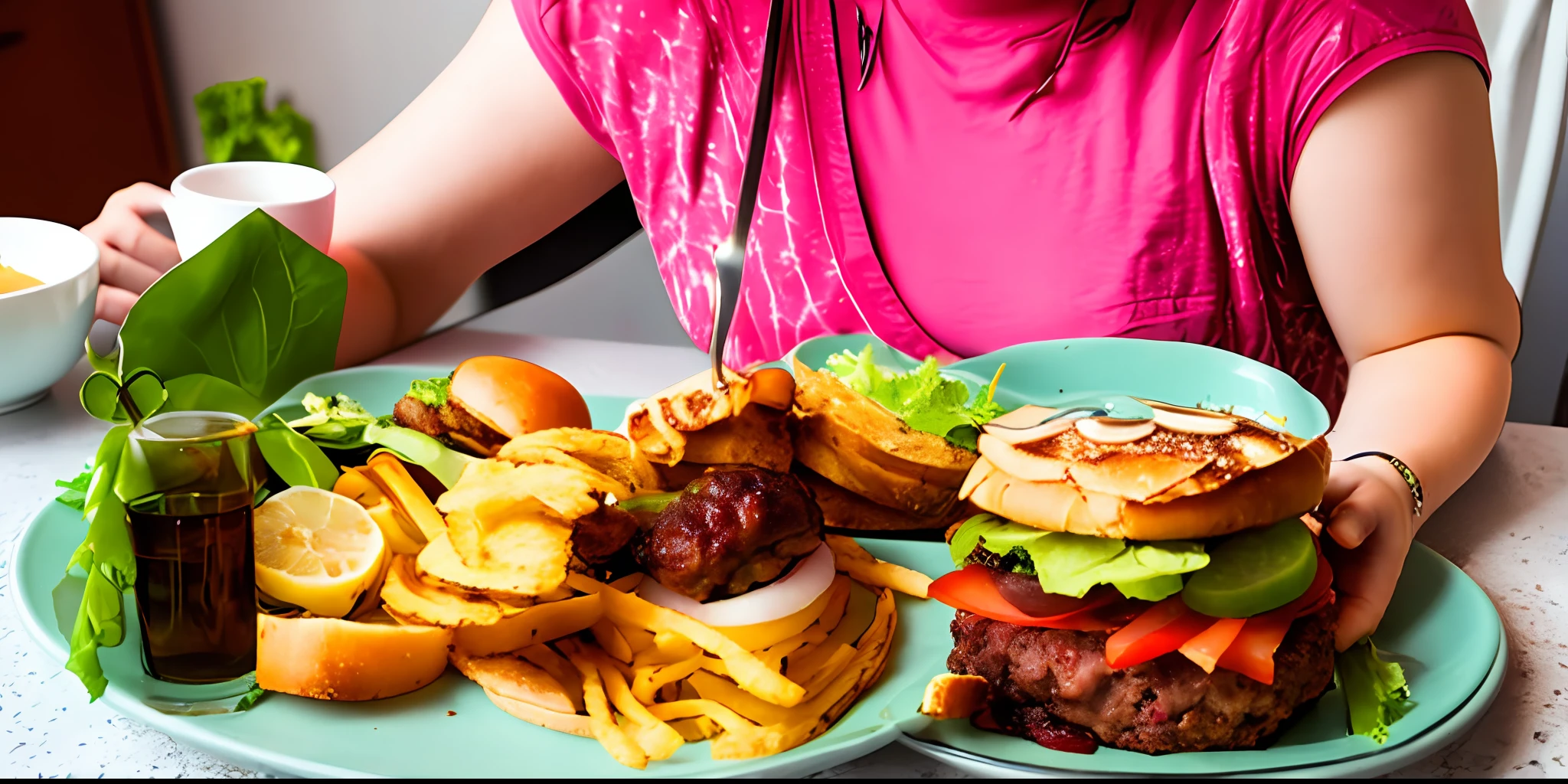 mulher sentada em uma mesa com um prato de comida e um refrigerante, comer carne, high levels of fat, eating burgers, Comer, Mukbang, sobrepeso, people are eating, eating a burger, gula, , obeso ), fast food, Eating a hamburger, obeso, people inside eating meals, comida nojenta, --auto