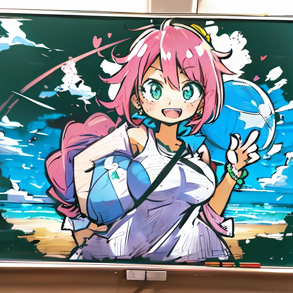 masutepiece,Best Quality,
BREAK
,1 rapariga
, (teens girl:1.0),huge breasts, (Pink hair, Medium length:1.2), (Braided hairstyle:1.1), (Bright green eyes and light blue eyes,Round:1.2),BREAK, (casual beach clothing:1.2), (lightweight summer one-piece dress:1.2), (a straw fedora hat:1.0), (flipflops:1.0), (star-shaped earring:1.1), (Lace headband:1.0), (Cute accessories:1.3), (peaceful smile :D:1.1), (Casual pose, Standing:1.3), (Beach background:1.3), (Holding a beach ball:1.1),
,chalk board,Traditional Media
,Square Cap,Detailed background
break