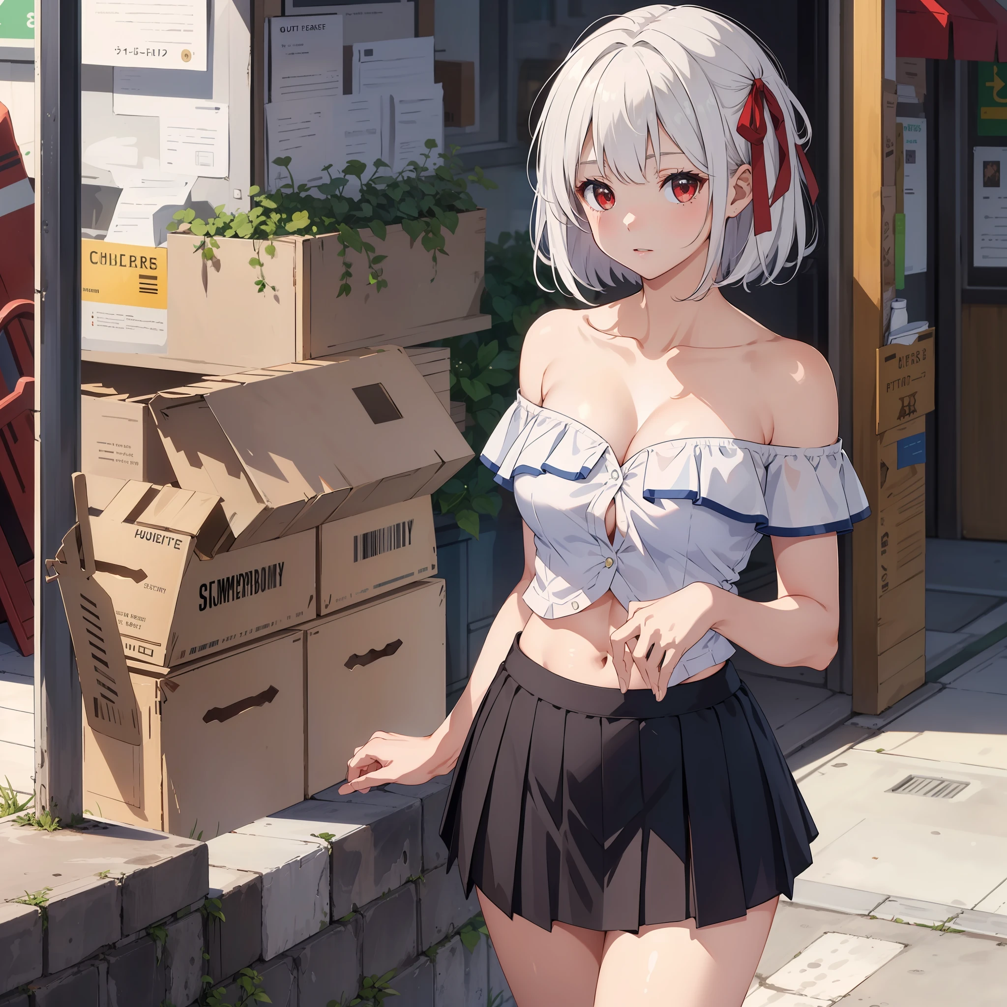 masterpiece, best quality,1girl, solo, bangs, left hair ribbon, (medium breasts:1.4), red eyes, short hair, solo, white hair, (Strapless:1.1), (off-the-shoulder:1.1), (cowboy shot:1.2), city, (uniform:1.2), (partially_unbuttoned:1.1), (Externally expanded Chest:1.2), skirt,