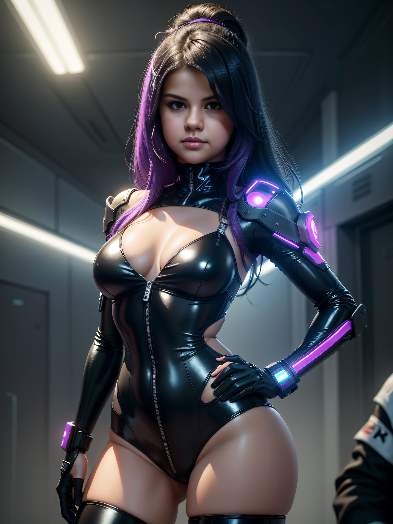 sozinha Selena Gomez, foto super fina, retrato Unreal Engine 5 8K UHD de bonita, Beautiful, medium round breasts, Esquema de cores vermelho e preto Tight Cybernetic Latex Catsuit, assassino cyberpunk, cyberpunk, cybernetic boots, cybernetic long glove, Futuristic Design, purple neon lights details, melhor qualidade, master part, Arte Oficial, Papel de parede 8k unificado, super detalhado, foco nítido, dynamic pose, partes do corpo.