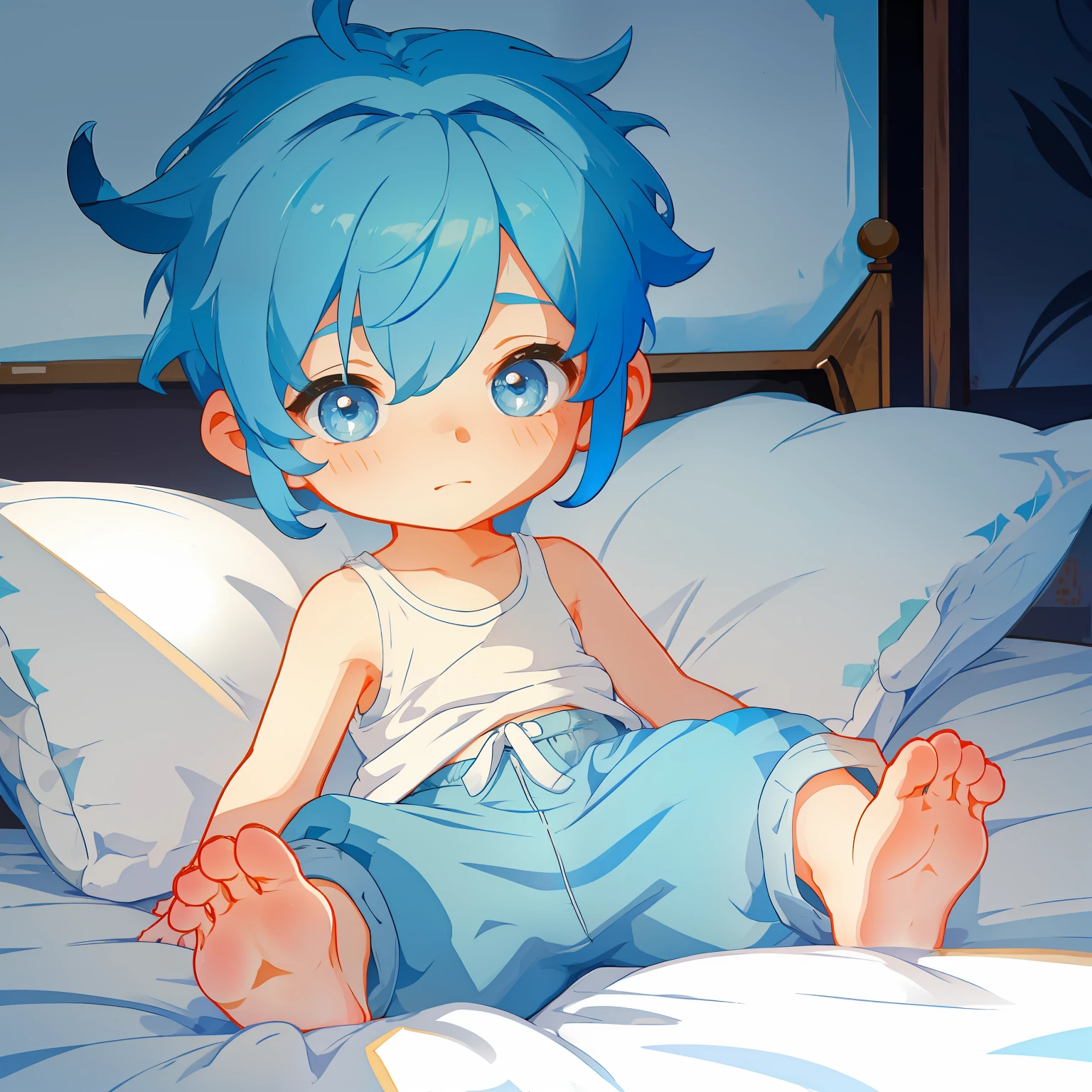 4K), Cute 7  with small feet and short legs with light blue hair and barefoot and tight tight white sweatpants, Lies down on the bed and shows his feet, Regentag, Nebel Licht, Impressionismus, 2D, Feet in focus,