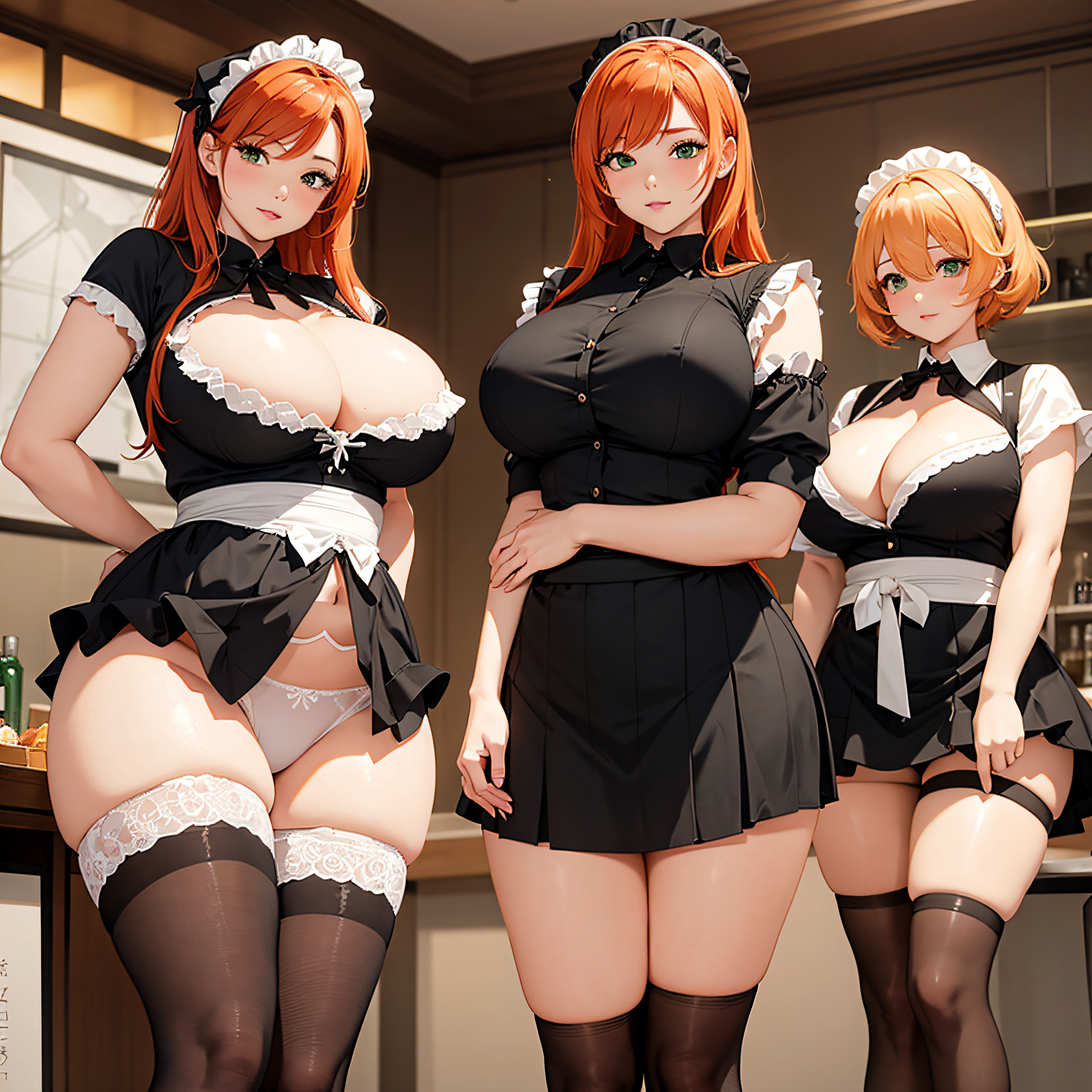 /draw ai_generated curvy_body curvy_female curvy_figure The average cup size female_only huge_breasts looking_at_viewer +maid solo_female solo_focus stable_diffusion waitress orange_hair green_eyes lifts the skirt showing black panties legs in pantyhose --auto