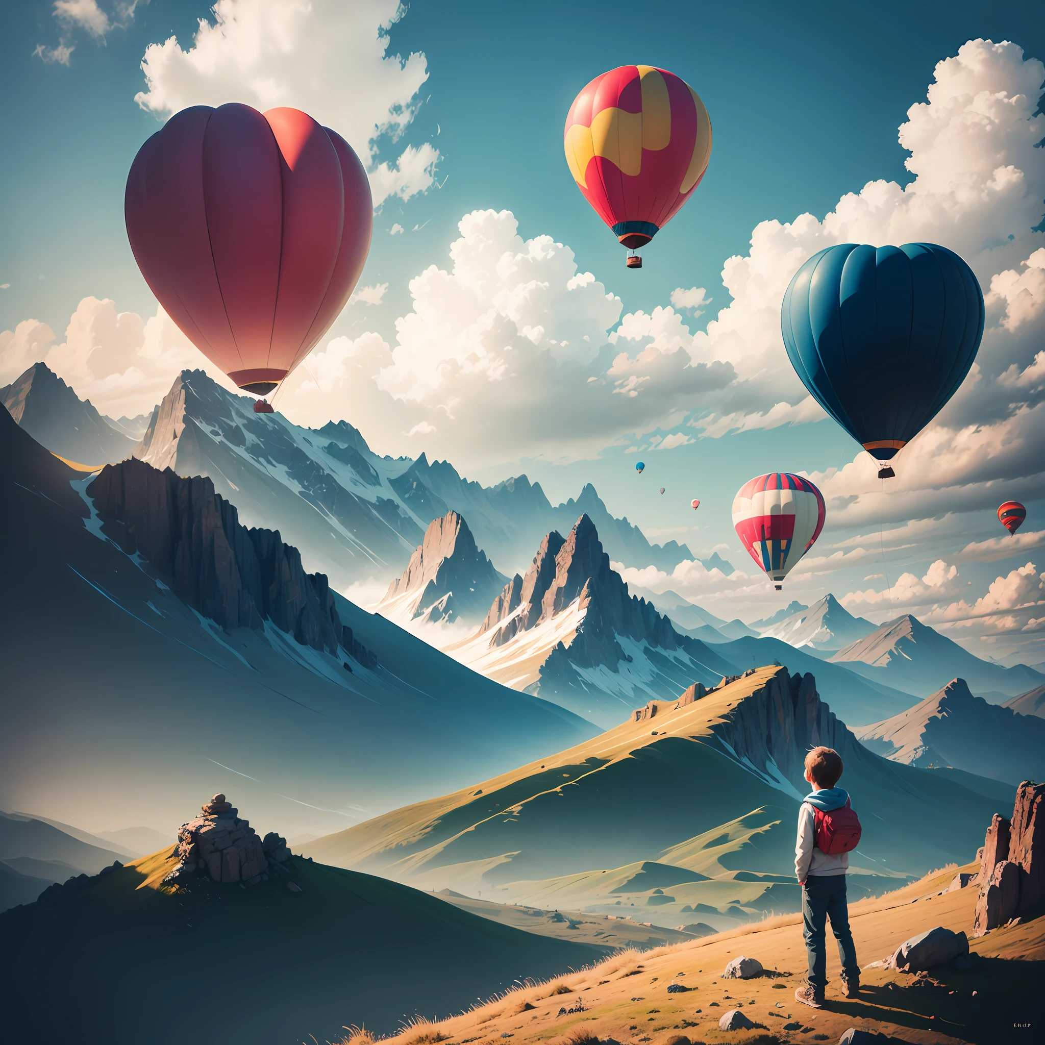 expansive, dreamy landscape, mood, mountains, boy dreaming in the sky, balloons --auto