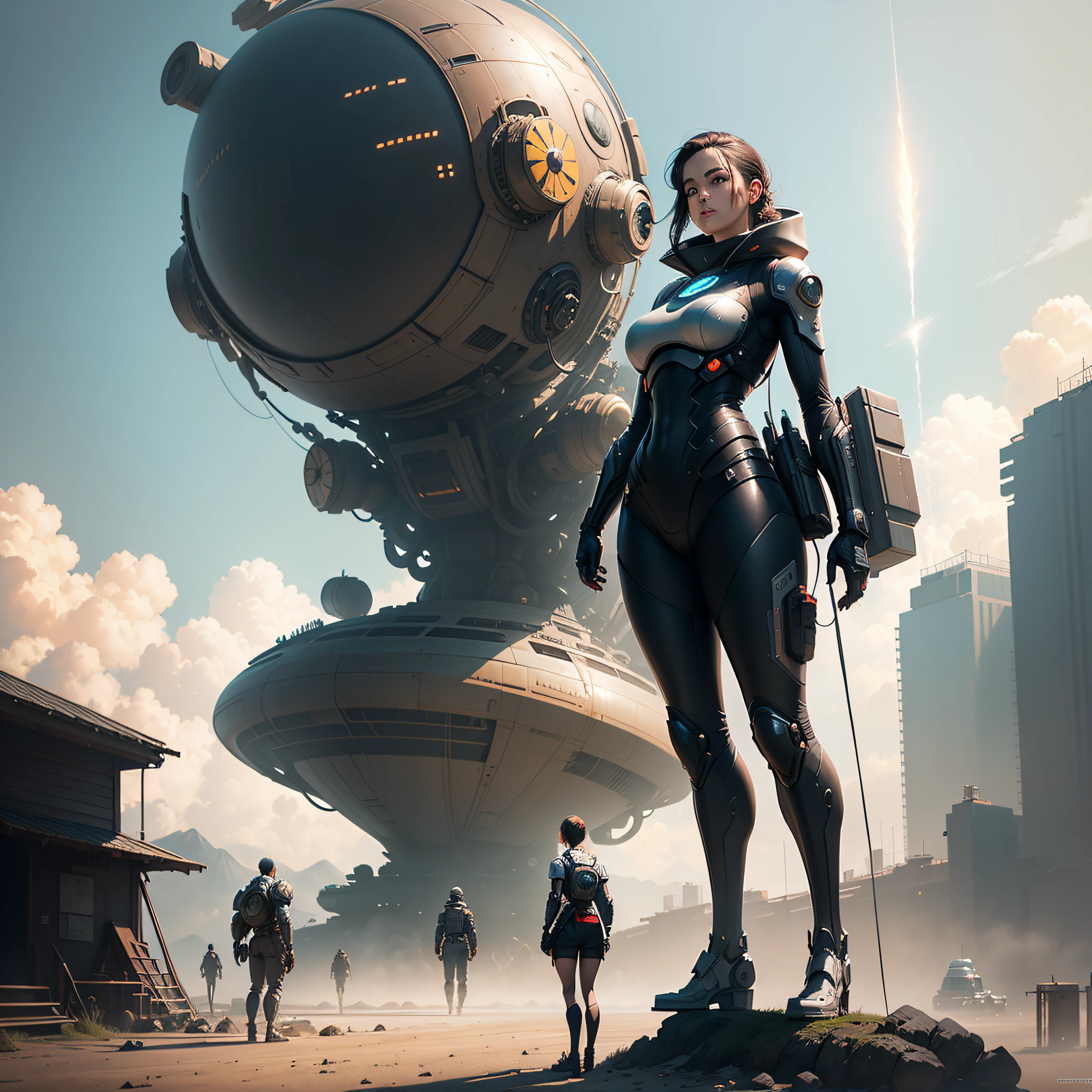 There is a woman standing next to a giant object, Bajo detalle. Pintura digital, WLOP y Krenz Cushart, cybernetic legs, inspirado por Craig Mullins, pies sensuales, pantorrillas contorneadas e ilustradas, Pie robot gigante, Awesome Digital Illustration, inspirado por Krenz Cushart, CGsociety 9, concept art digital illustration, Pintura digital retrofuturista, inspirado por Mike Winkelmann, en el fondo un ambiente futurista de un paisaje moderno --auto