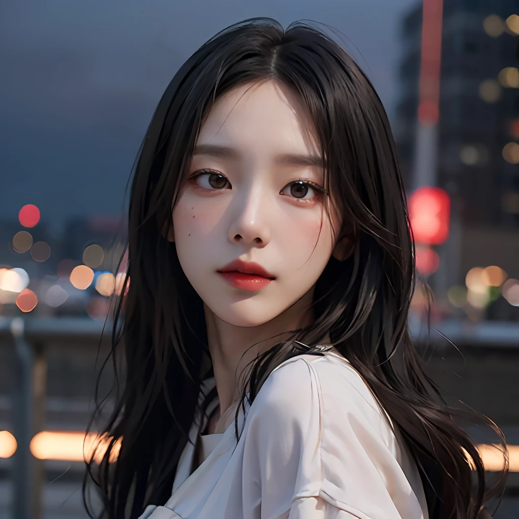 8K, New York, Outdoors, Crowded, Cloudy sky, maturefemale, Black hair, Warm lighting, Cinematic, Photorealistic, High quality, hight resolution, masutepiece, Night, natural beauty, blush, Sensual look
