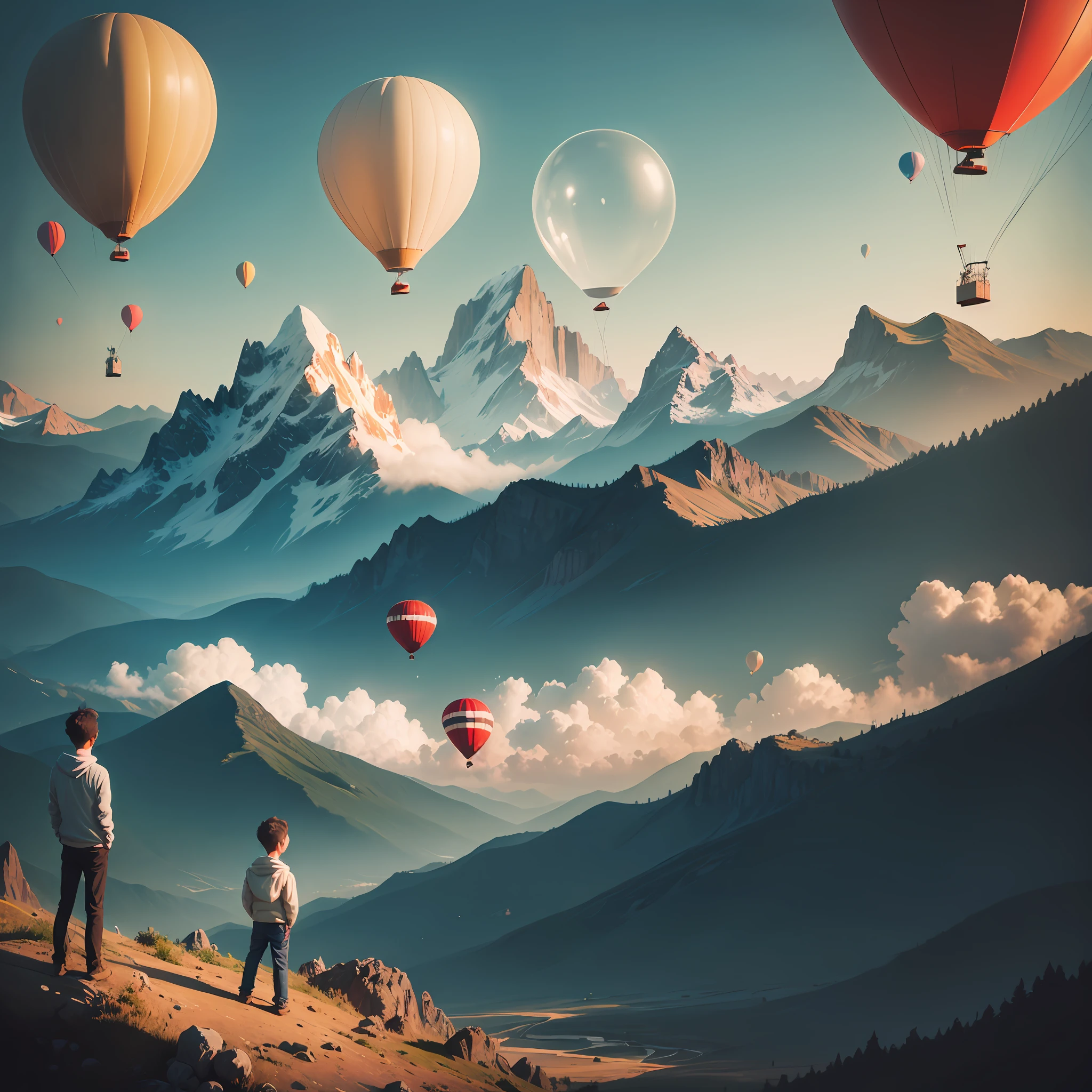expansive, dreamy landscape, mood, mountains, boy dreaming in the sky, balloons --auto