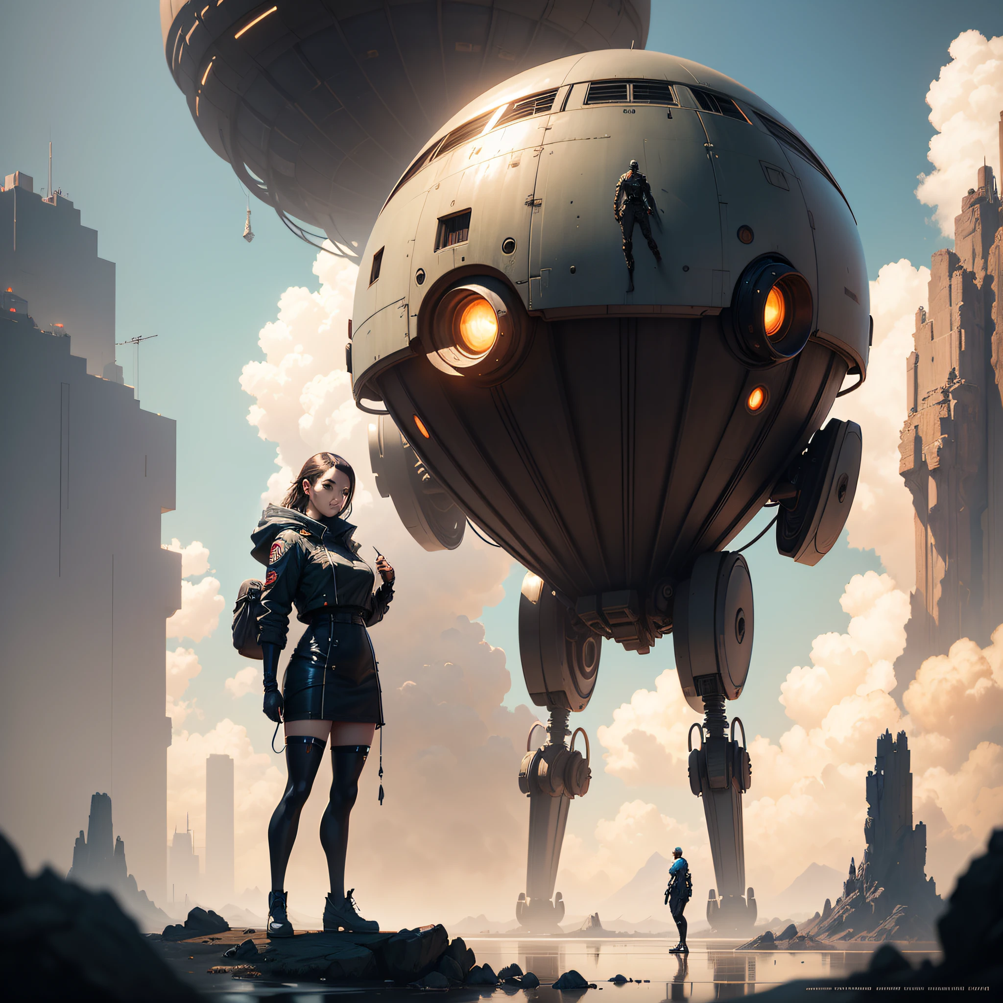 There is a woman standing next to a giant object, Bajo detalle. Pintura digital, WLOP y Krenz Cushart, cybernetic legs, inspirado por Craig Mullins, pies sensuales, pantorrillas contorneadas e ilustradas,  Pie robot gigante, Awesome Digital Illustration, inspirado por Krenz Cushart, CGsociety 9, concept art digital illustration, Pintura digital retrofuturista, inspirado por Mike Winkelmann, en el fondo un ambiente futurista de un paisaje moderno --auto