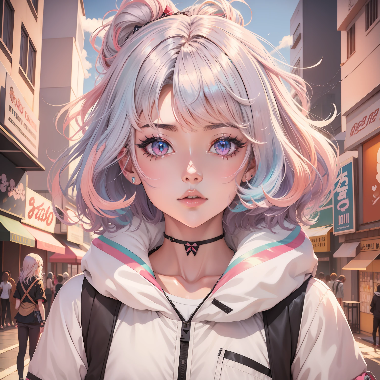 Diamante, cabelos multicoloridos, olhos multicoloridos,Menina anime com cabelo rosa e olhos azuis em uma jaqueta branca, Estilo anime 2D, anime moe artstyle, no estilo de arte do anime 8 0 s, Koyoharu Gotouge, arte anime de alta qualidade, Gatilho Estilo de Arte de Anime, 2 0 2 2 estilo anime, Estilo Anime 2022, Camada de anime, anime exuberante john 8k madeiras