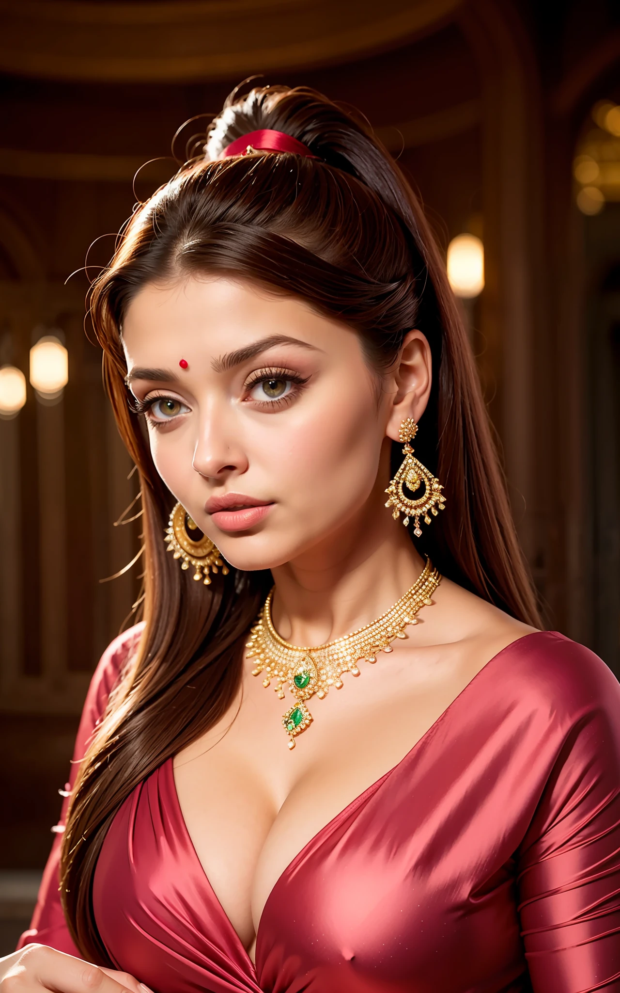 Aishwarya Rai, wear Saree criss cross sitting, a bindi on the center of the forehead, gorgeous royal temple, jewelry, gem, necklace, gold bracelet, anklets, thick lips, hands on lips, skindentation, parted lips, deep cleavage, busty, (detailed eyes), (seductive pose),  ulzzang-6500-v1.1, (large breast:1.2), , thick eyelashes, long eyelashes, light red hair, Ponytail, red eye, sfw

HDR, shallow depth of field, broad light, backlighting, bloom, light sparkles, chromatic aberration, sharp focus, Nikon Z 85mm

unparalleled masterpiece, ultra-realistic 8k photos, best quality masterpiece, best quality, (photorealistic:1.2),  (realistic:1.5), (hyperrealistic:1.2),(photorealistic face:1.2)