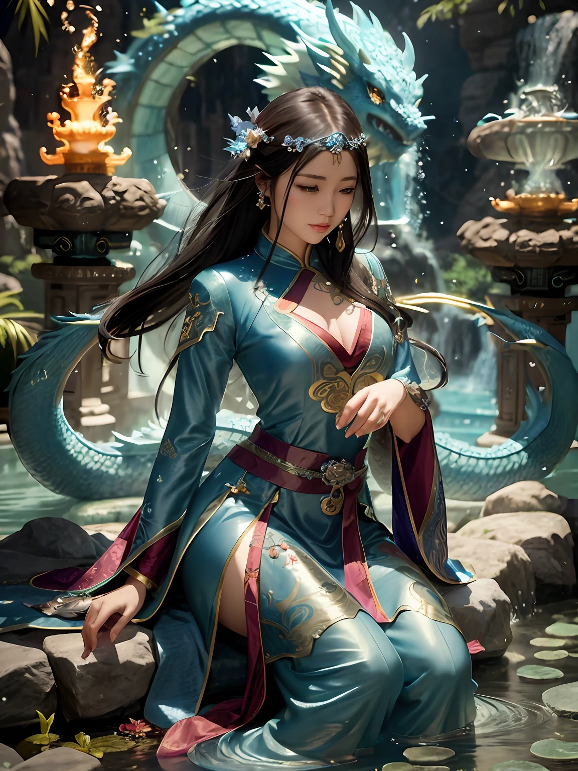 a woman in a blue dress sitting on a rock next to a fountain, fantasy art style, chinese fantasy, alice x. zhang, dragon-inspired cloth robes, digital fantasy art ), by Yang J, asian female water elemental, inspired by Chen Yifei, beautiful digital artwork, epic fantasy art style, fantasy woman, xianxia fantasy, trending digital fantasy art